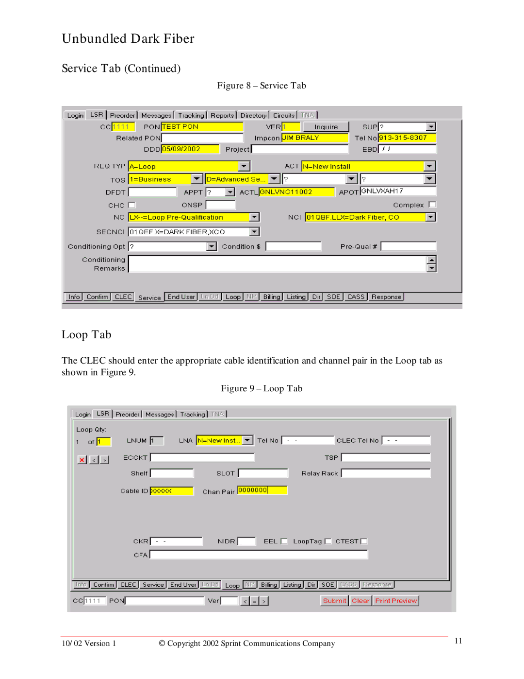 Sprint Nextel Unbundled Dark Fiber manual Loop Tab, Service Tab 