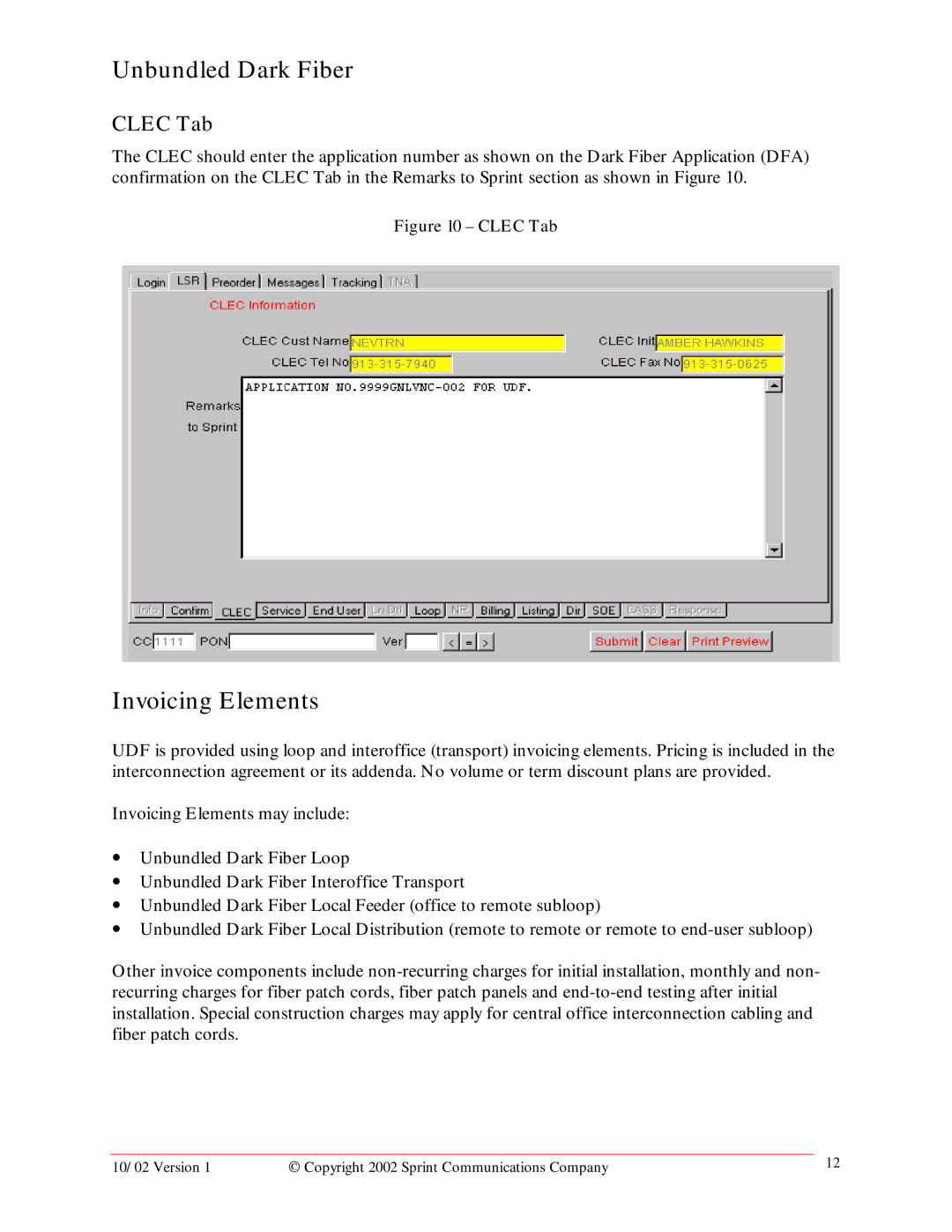 Sprint Nextel Unbundled Dark Fiber manual Invoicing Elements, Clec Tab 