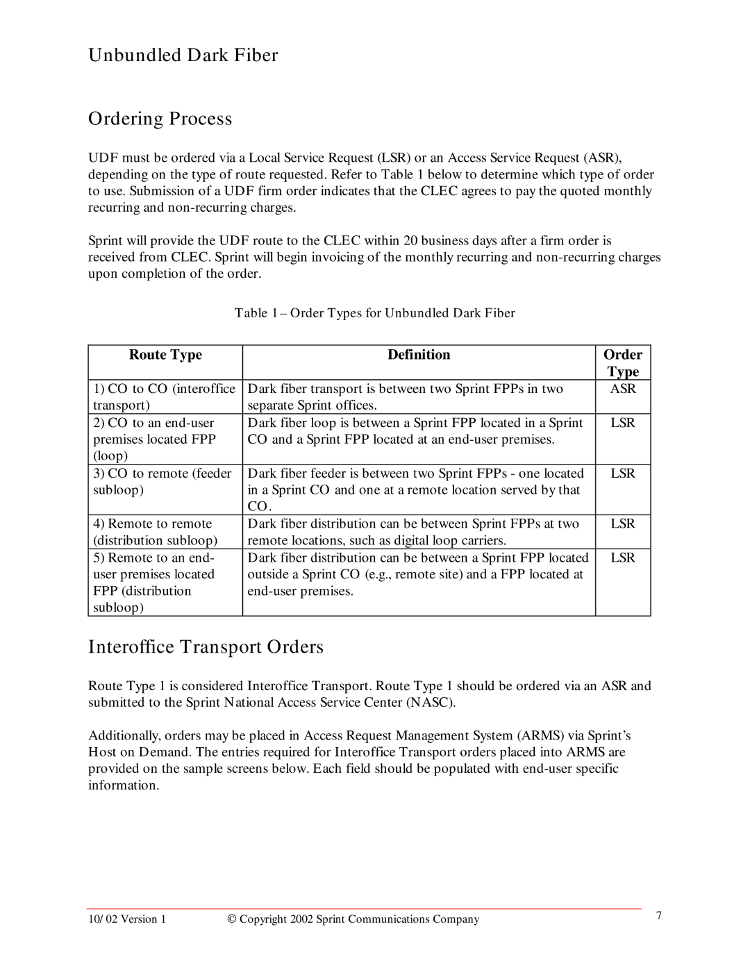 Sprint Nextel manual Unbundled Dark Fiber Ordering Process, Interoffice Transport Orders 