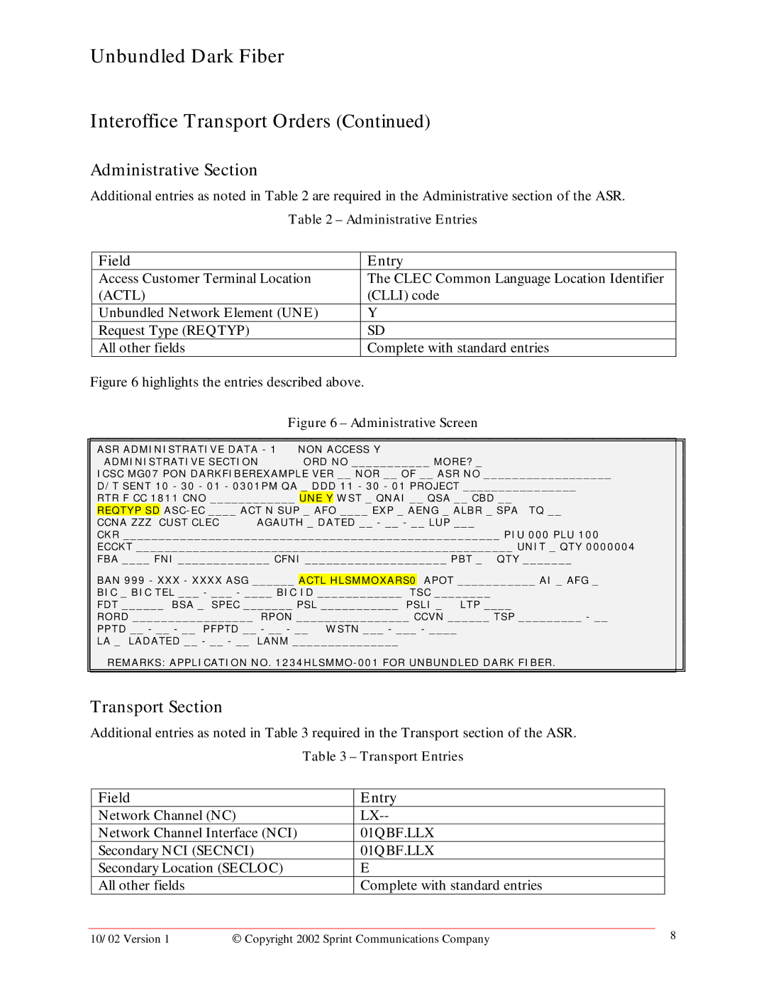 Sprint Nextel manual Unbundled Dark Fiber Interoffice Transport Orders, Administrative Section, Transport Section 