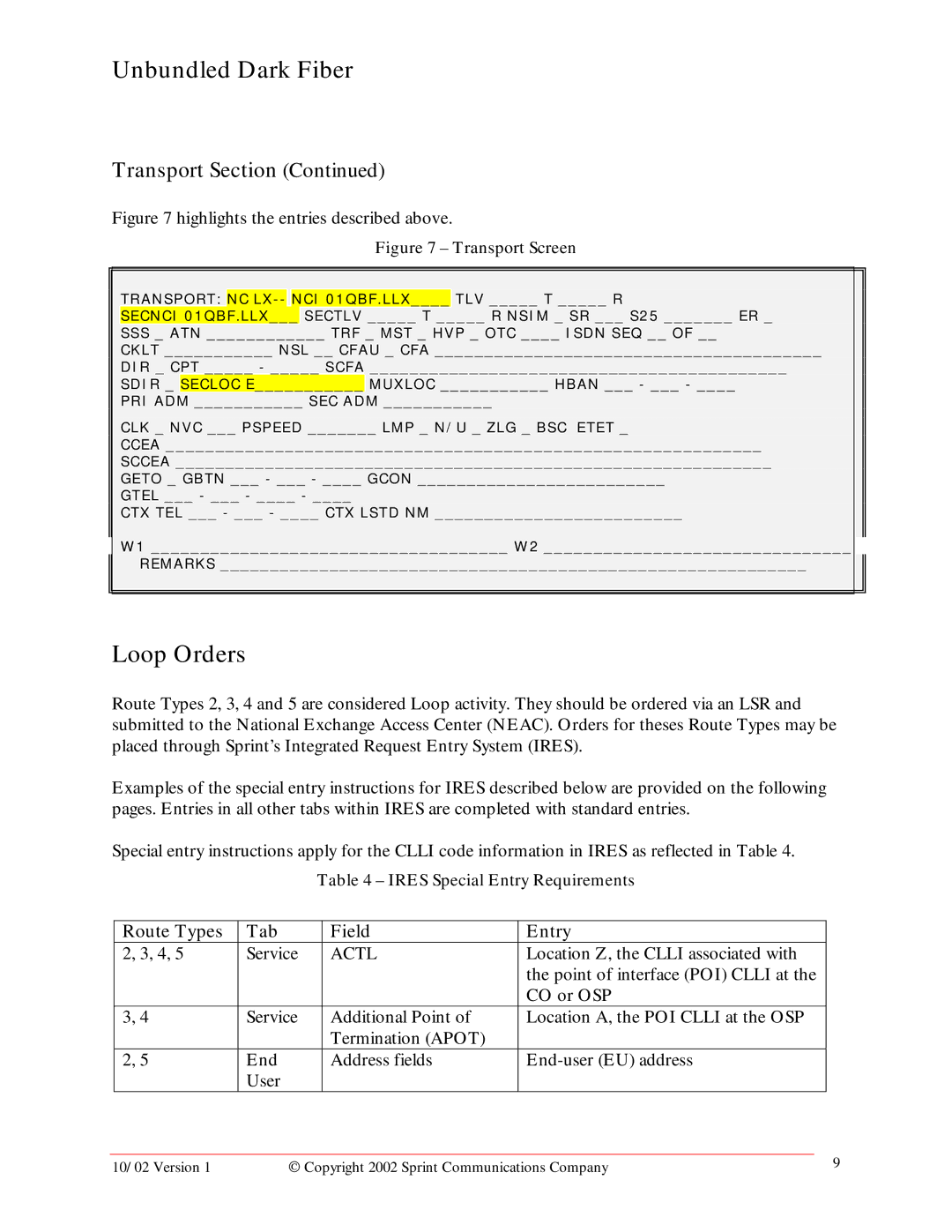 Sprint Nextel Unbundled Dark Fiber manual Loop Orders 