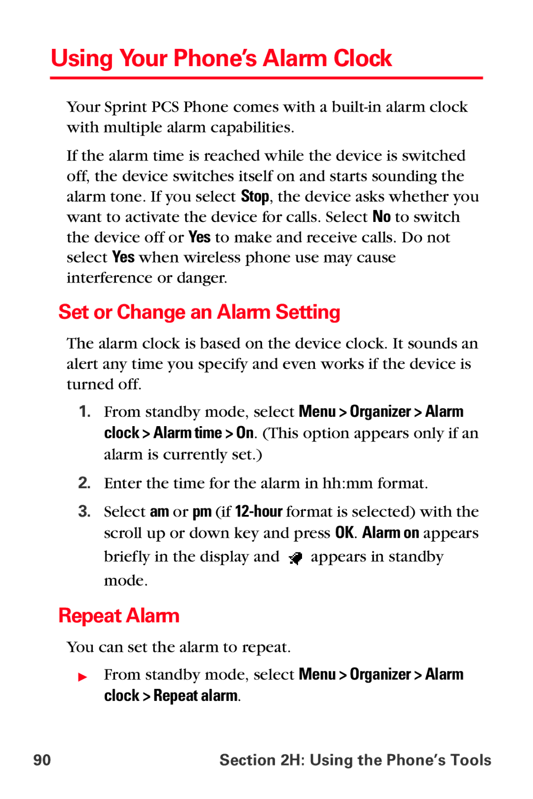 Sprint Nextel VI-3155I manual Using Your Phone’s Alarm Clock, Set or Change an Alarm Setting, Repeat Alarm 