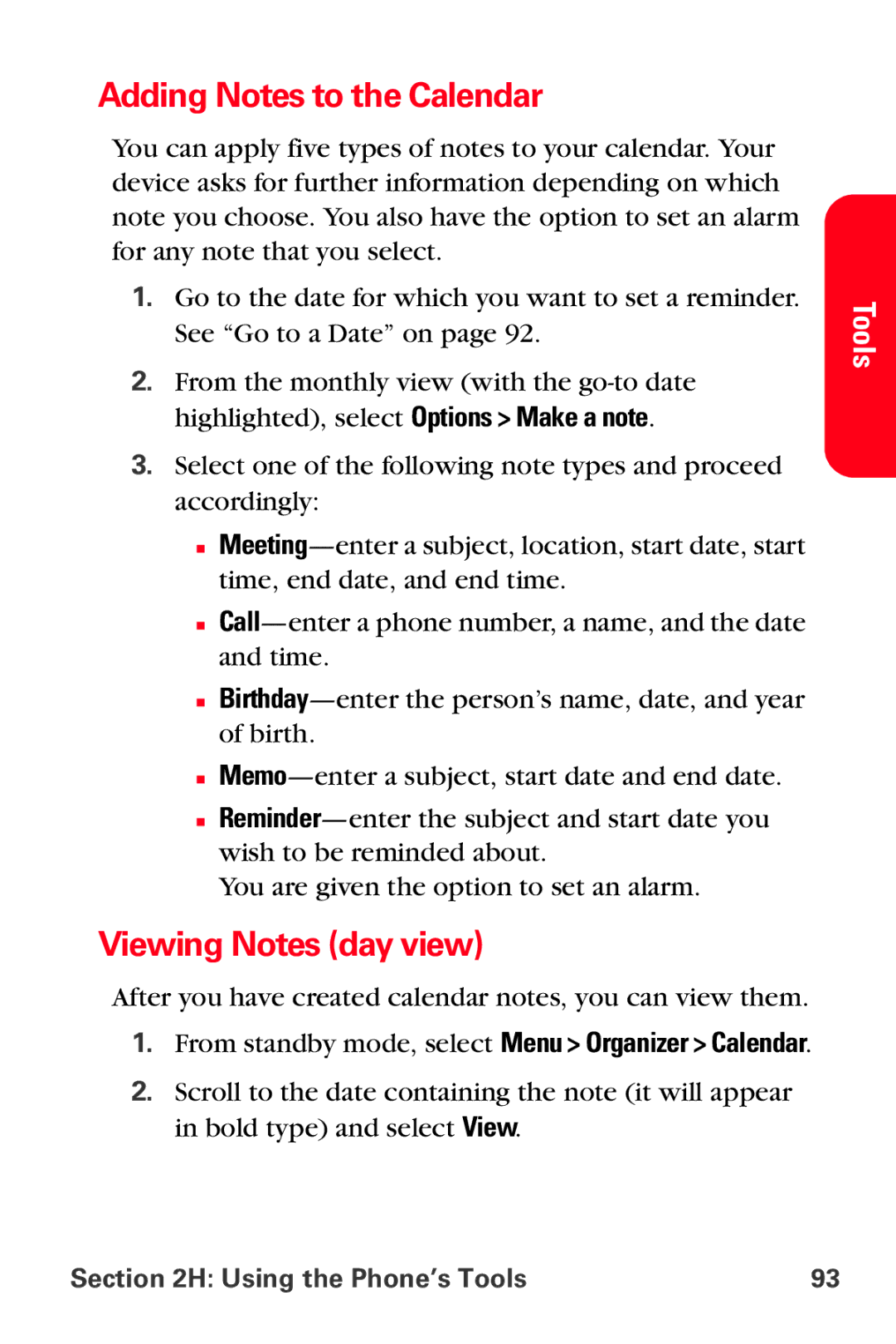 Sprint Nextel VI-3155I manual Adding Notes to the Calendar, Viewing Notes day view 