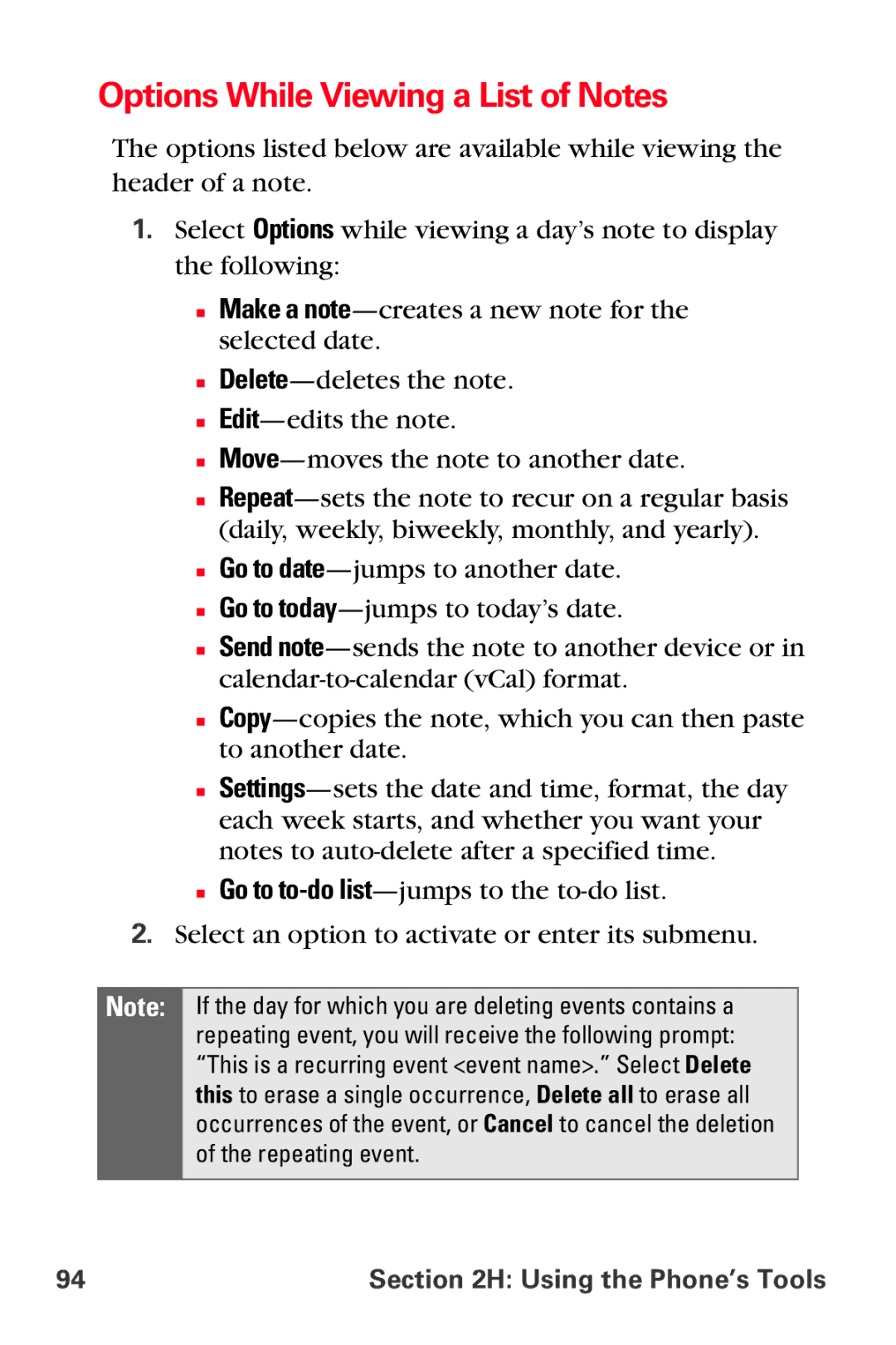 Sprint Nextel VI-3155I manual Options While Viewing a List of Notes 