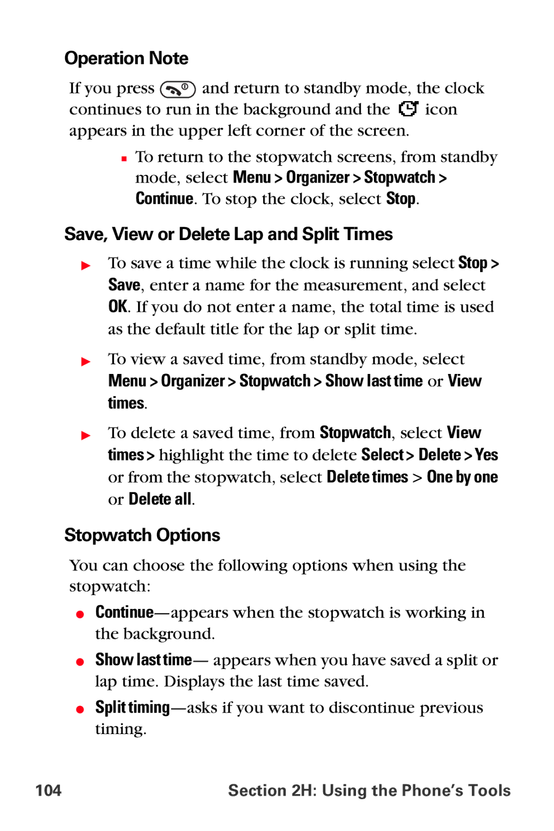 Sprint Nextel VI-3155I manual Operation Note, Save, View or Delete Lap and Split Times, Stopwatch Options 