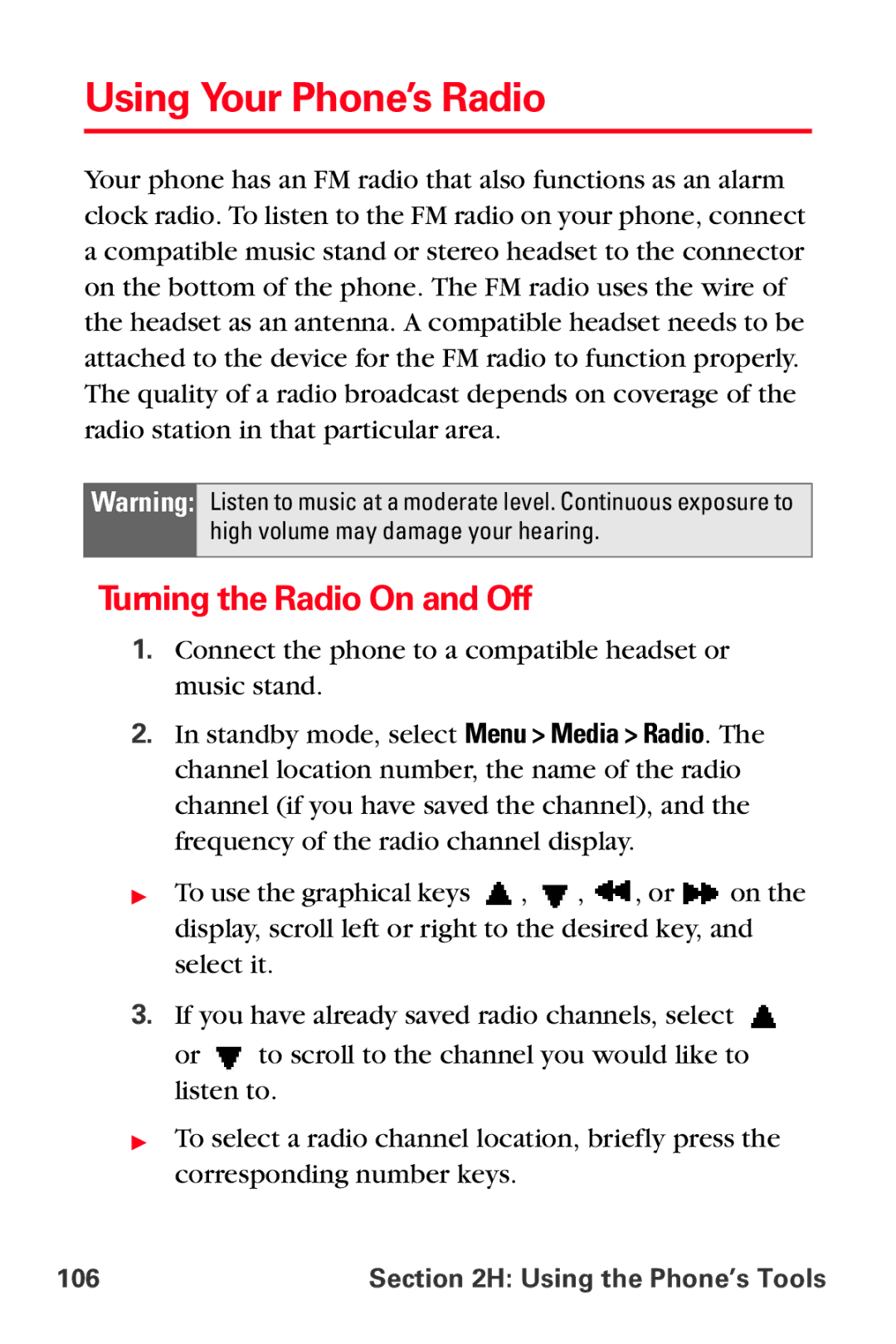 Sprint Nextel VI-3155I manual Using Your Phone’s Radio, Turning the Radio On and Off 