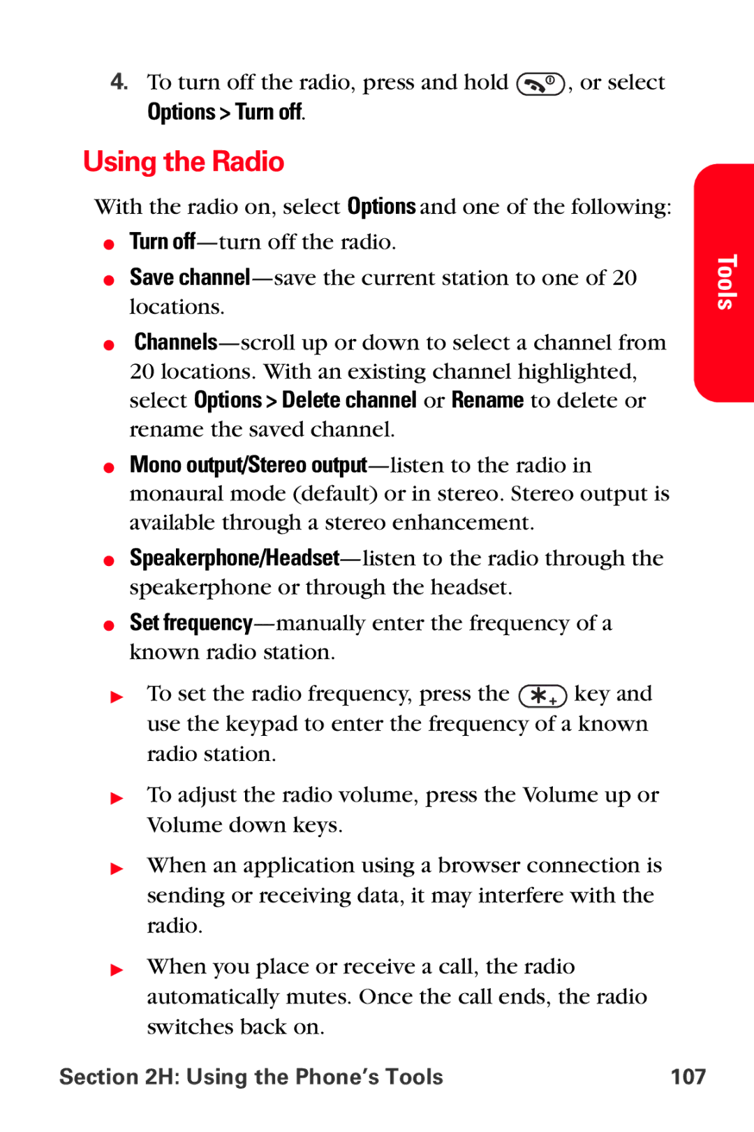 Sprint Nextel VI-3155I manual Using the Radio, Options Turn off 