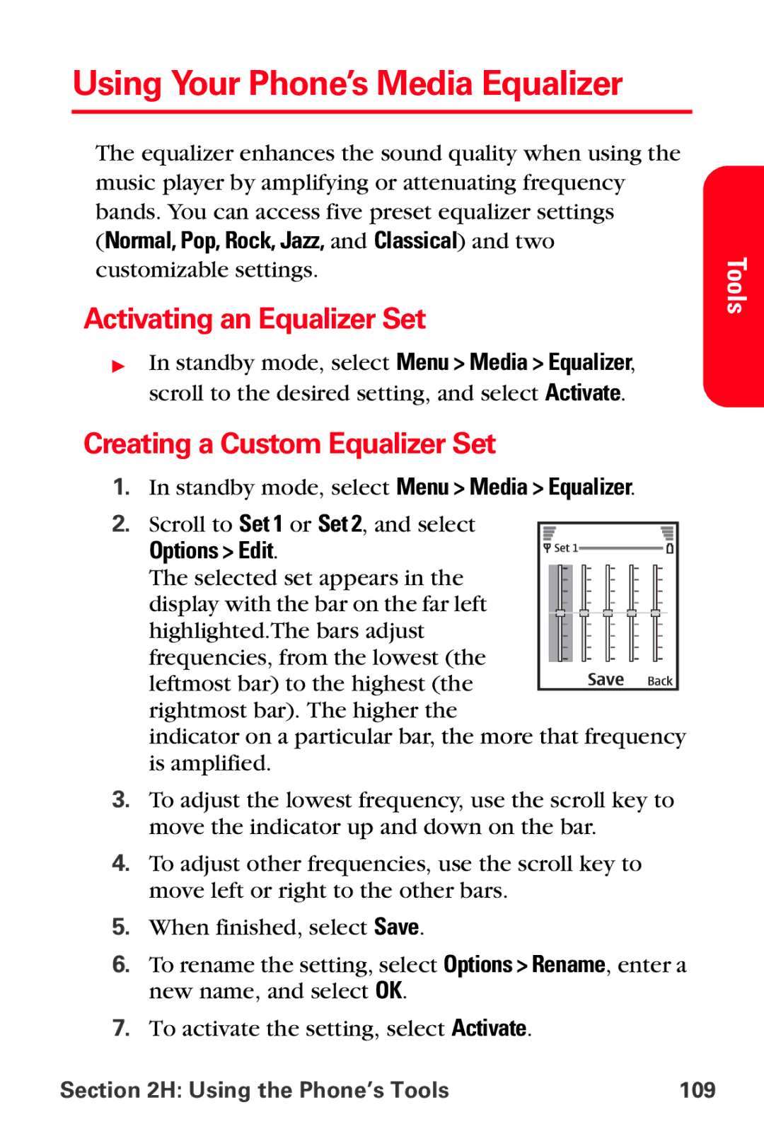 Sprint Nextel VI-3155I Using Your Phone’s Media Equalizer, Activating an Equalizer Set, Creating a Custom Equalizer Set 