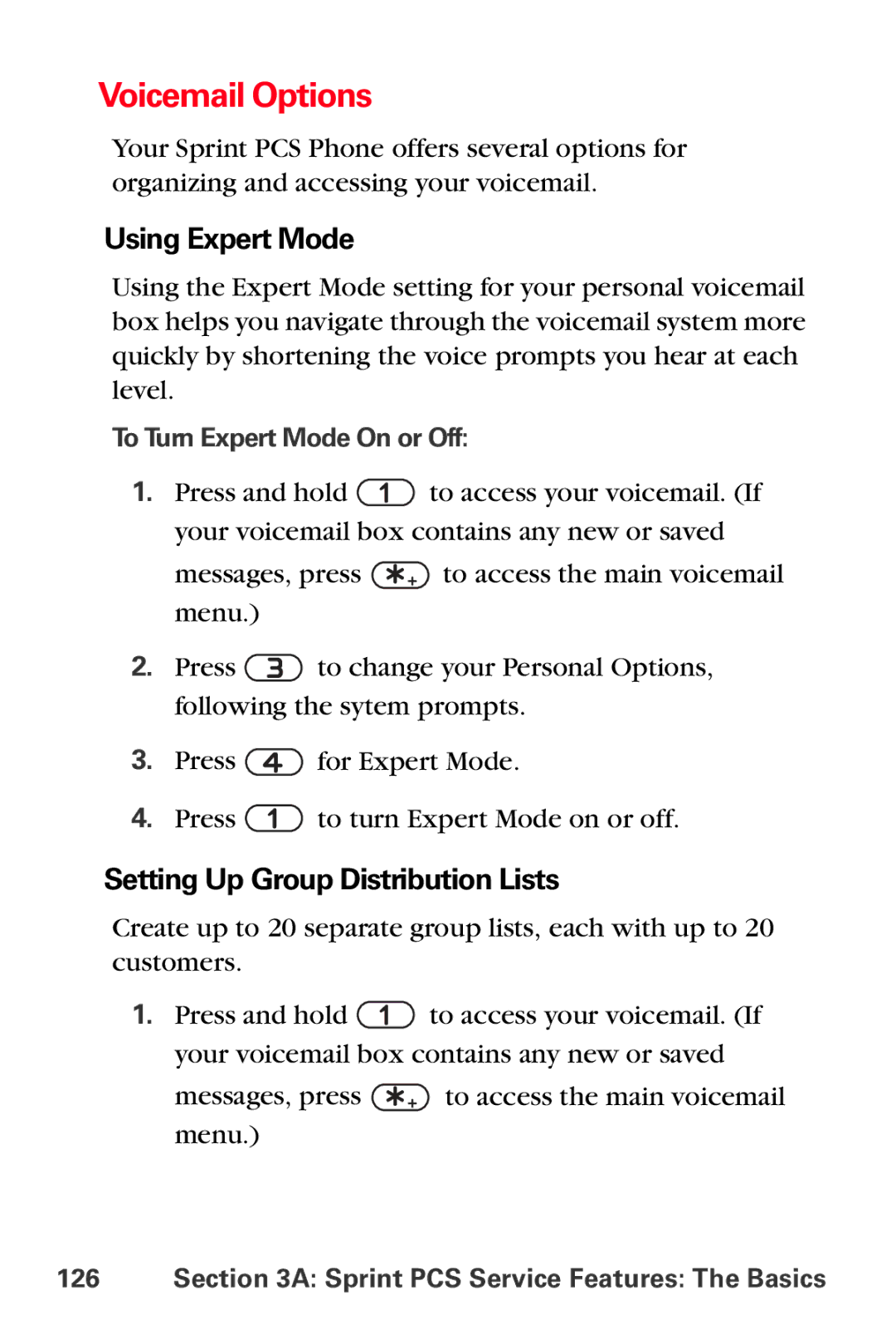 Sprint Nextel VI-3155I manual Voicemail Options, Using Expert Mode, Setting Up Group Distribution Lists 