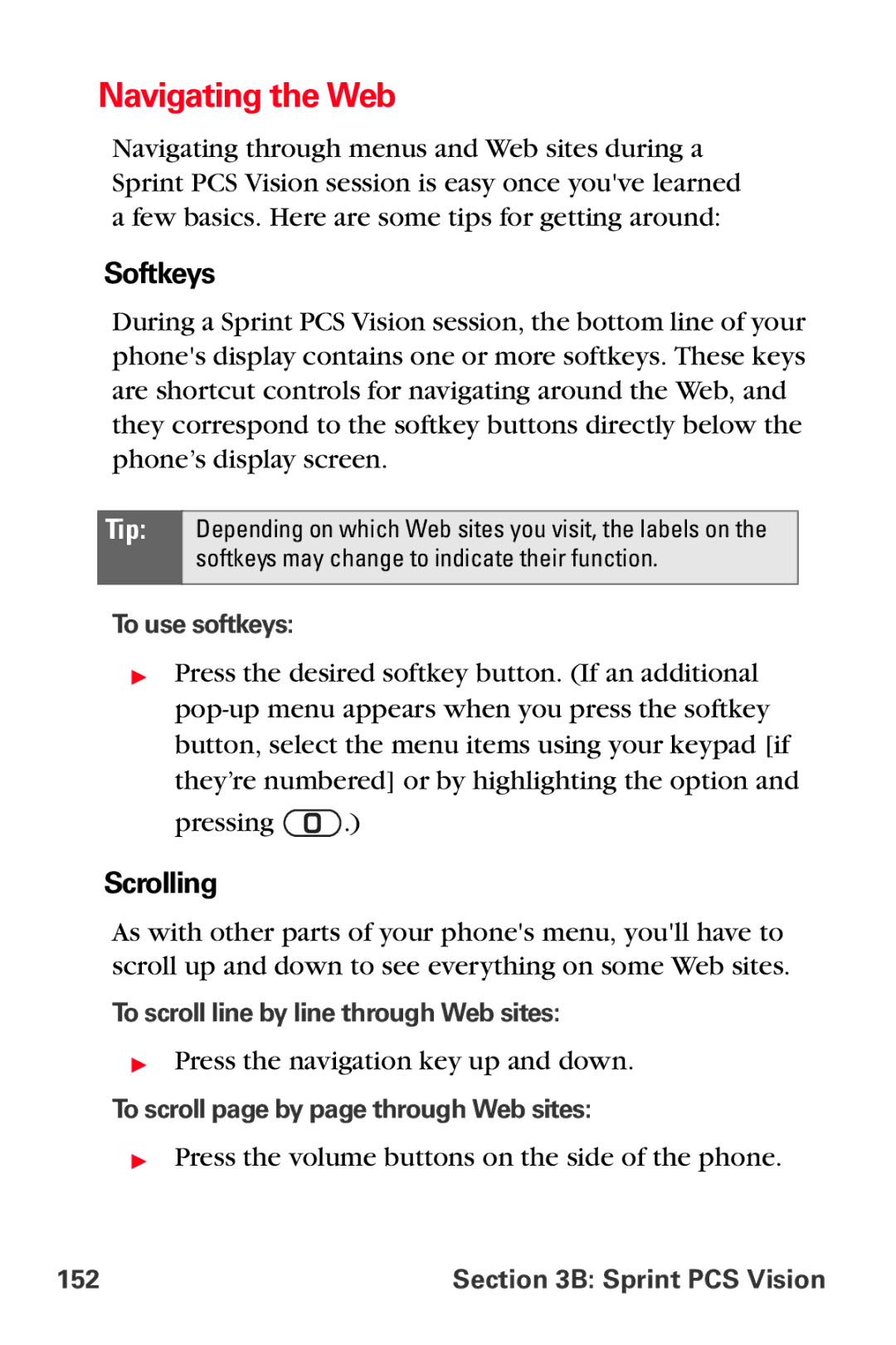 Sprint Nextel VI-3155I manual Navigating the Web, Softkeys, Scrolling 