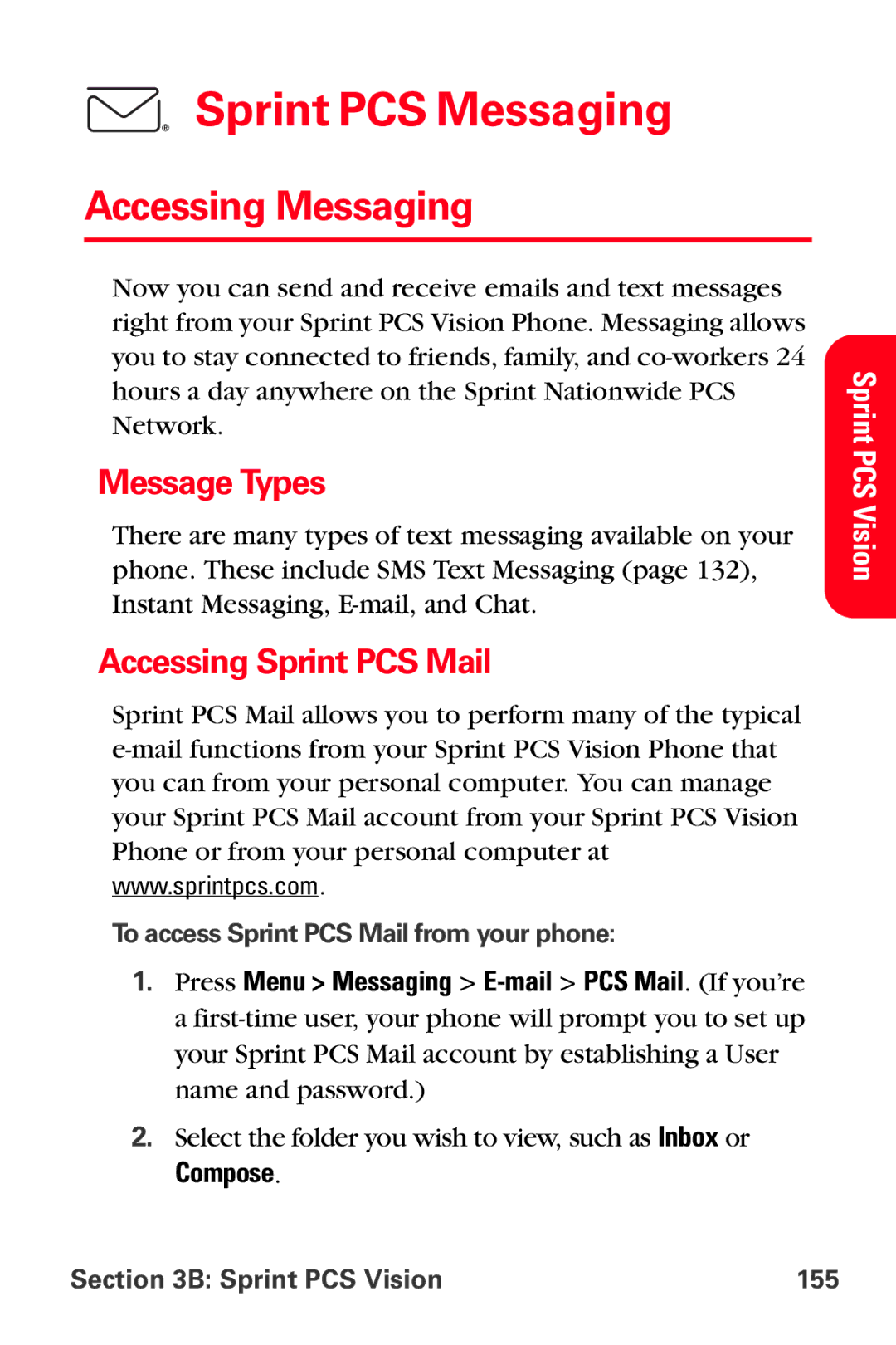 Sprint Nextel VI-3155I manual Sprint PCS Messaging, Accessing Messaging, Message Types, Accessing Sprint PCS Mail, Compose 