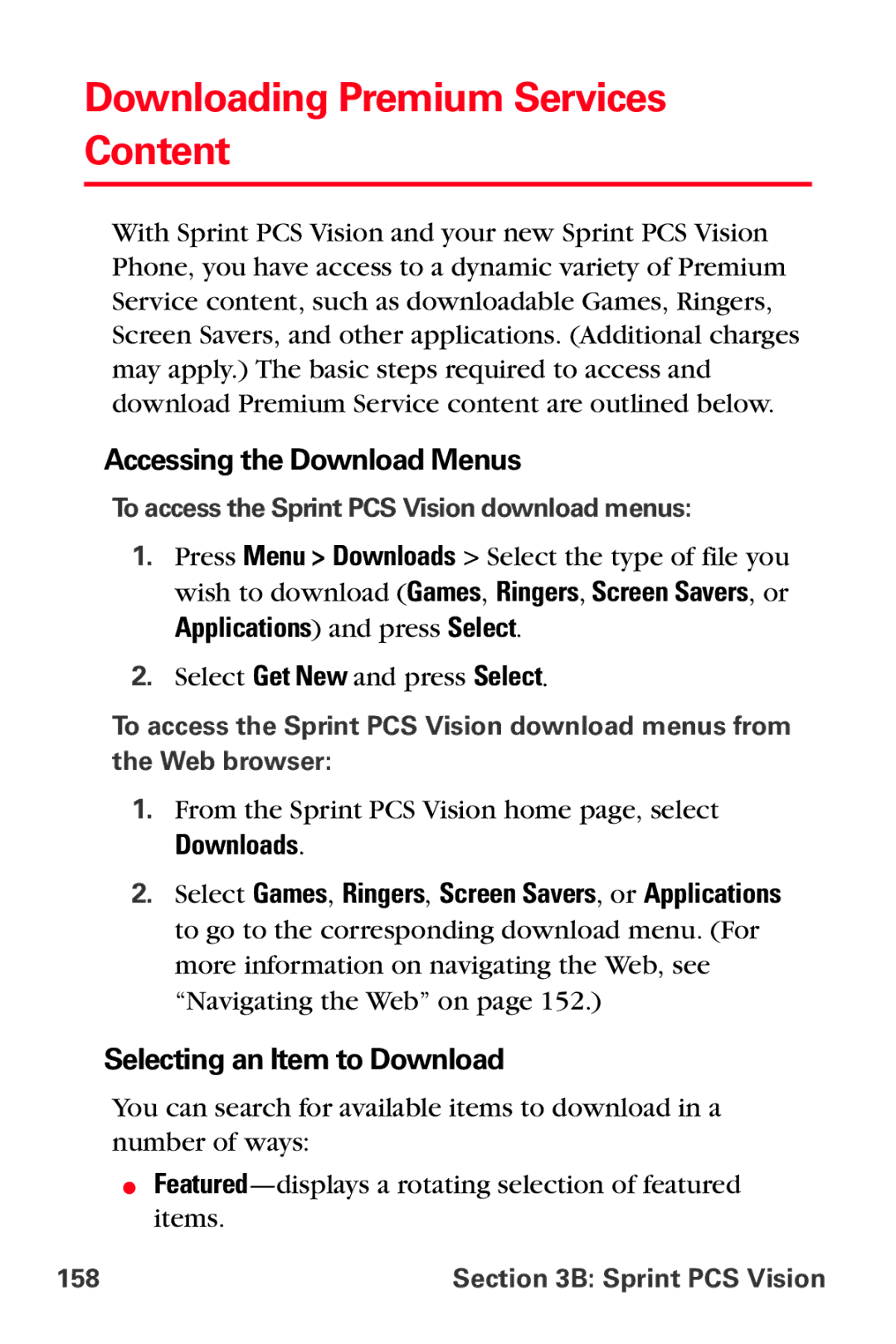 Sprint Nextel VI-3155I Downloading Premium Services Content, Accessing the Download Menus, Selecting an Item to Download 