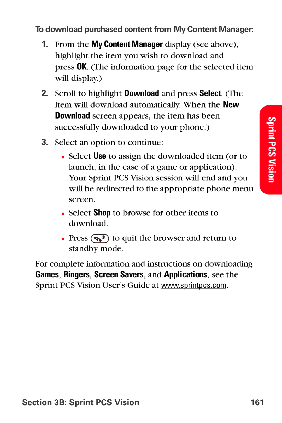 Sprint Nextel VI-3155I manual Sprint PCS Vision 161 