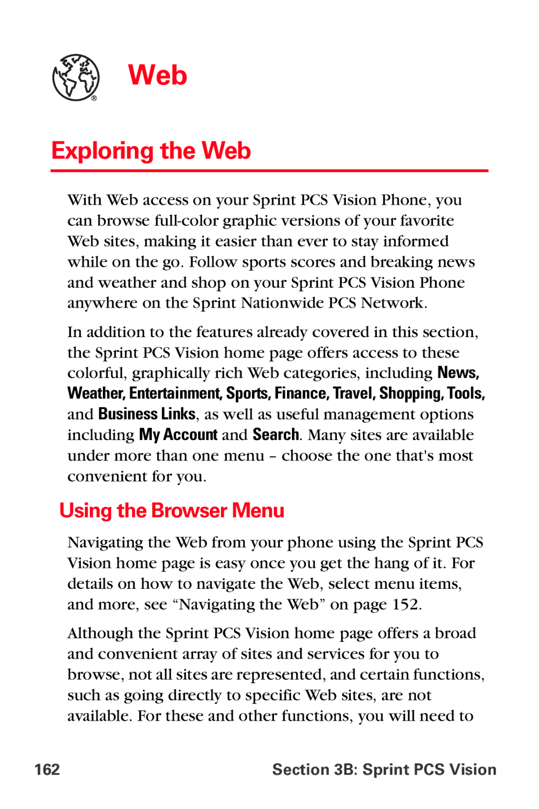 Sprint Nextel VI-3155I manual Exploring the Web, Using the Browser Menu 