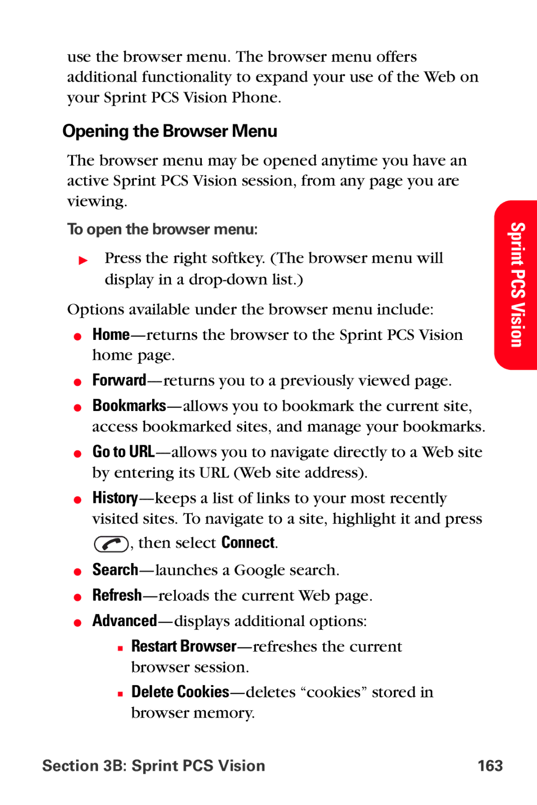 Sprint Nextel VI-3155I manual Opening the Browser Menu 