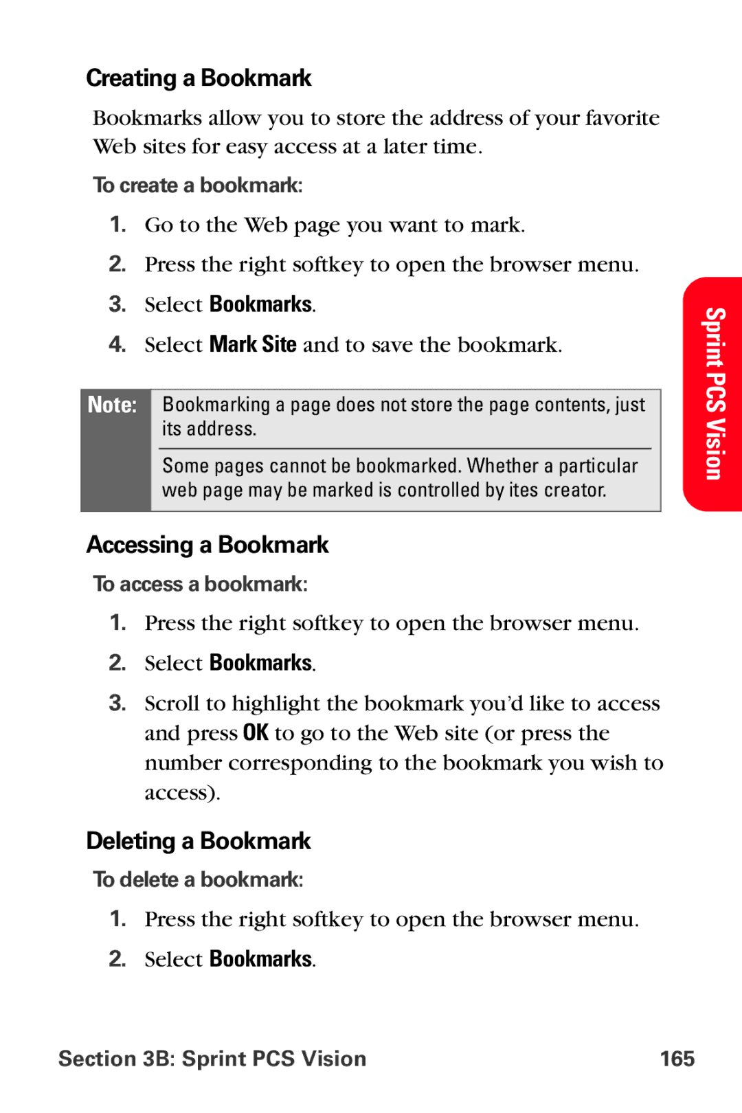 Sprint Nextel VI-3155I manual Creating a Bookmark, Accessing a Bookmark, Deleting a Bookmark, Select Bookmarks 