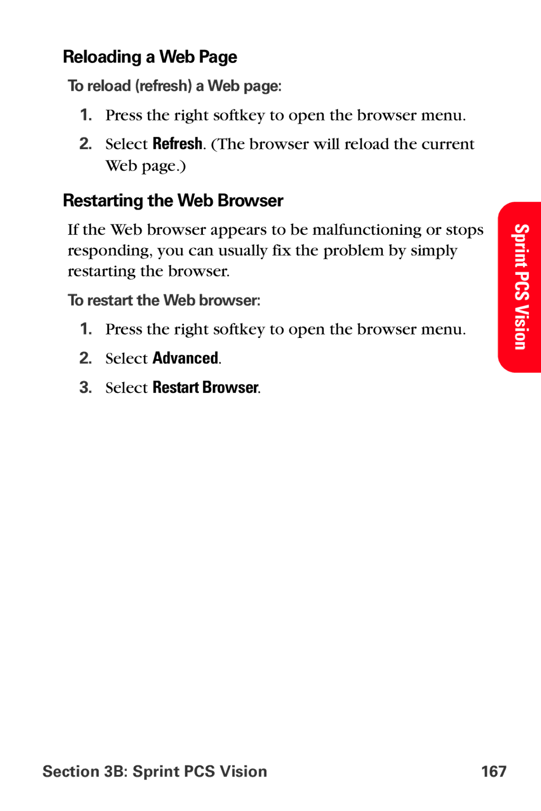 Sprint Nextel VI-3155I manual Reloading a Web, Restarting the Web Browser, Select Restart Browser 