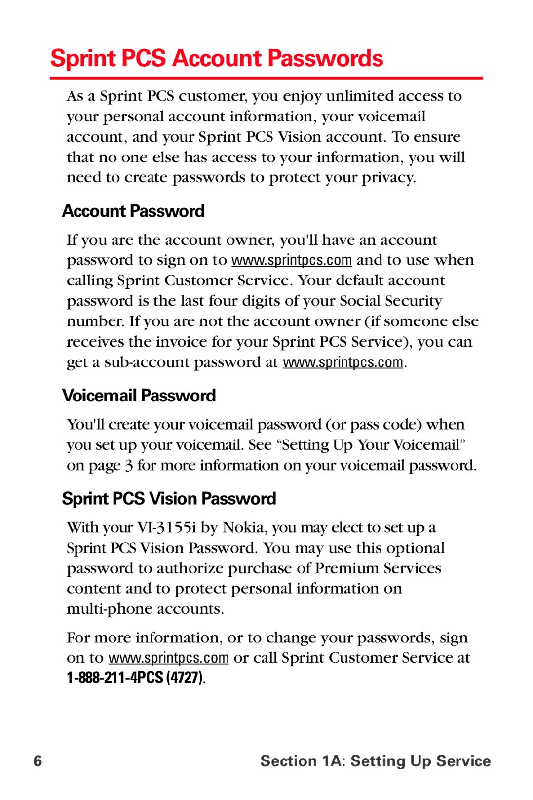 Sprint Nextel VI-3155I manual Sprint PCS Account Passwords, Account Password Voicemail Password, Sprint PCS Vision Password 