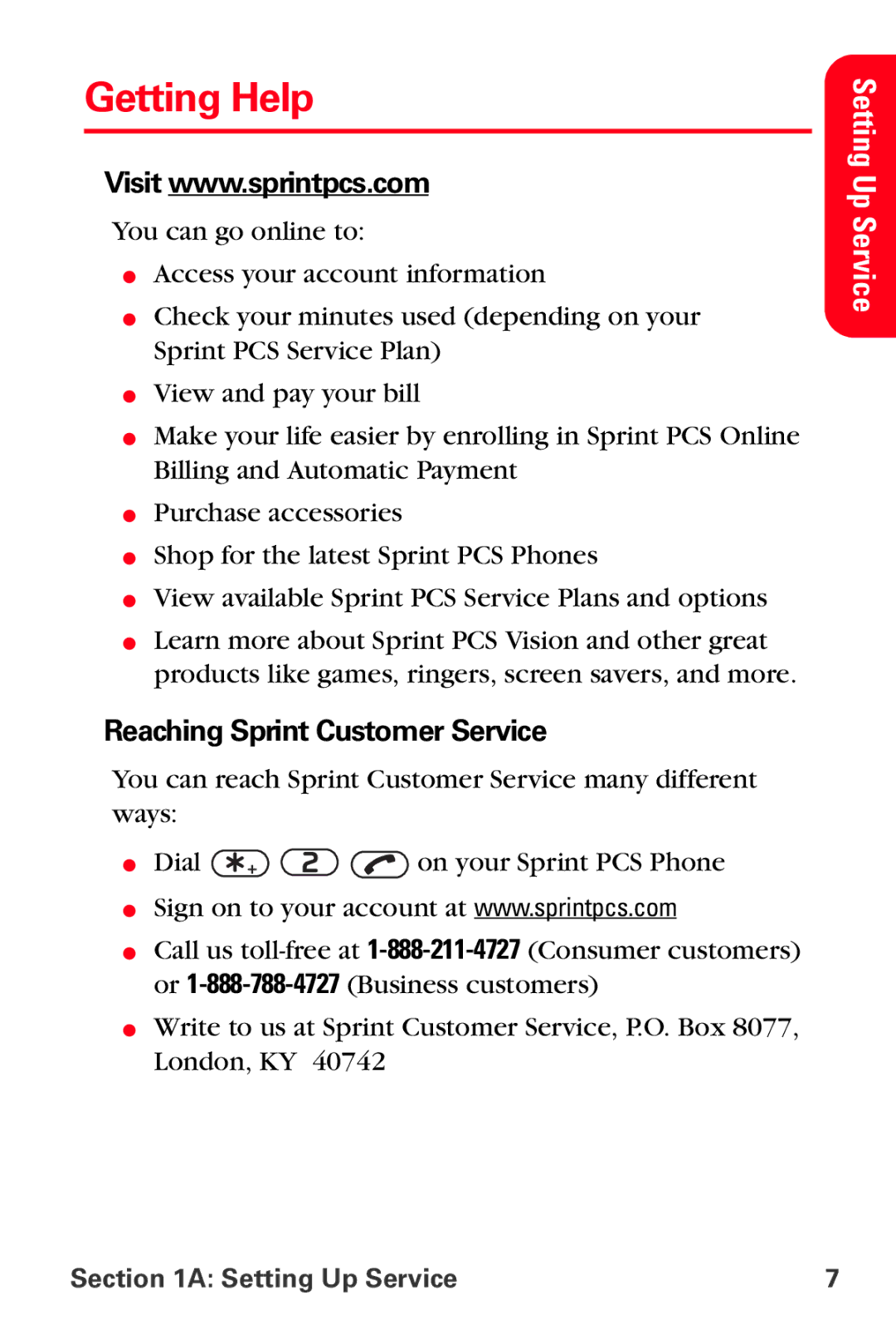 Sprint Nextel VI-3155I manual Getting Help, Reaching Sprint Customer Service 