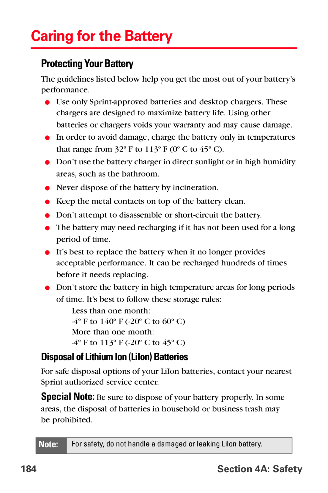 Sprint Nextel VI-3155I manual Caring for the Battery, Protecting Your Battery, Disposal of Lithium Ion LiIon Batteries 