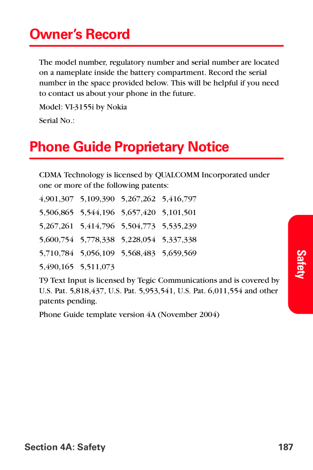 Sprint Nextel VI-3155I manual Owner’s Record, Phone Guide Proprietary Notice 