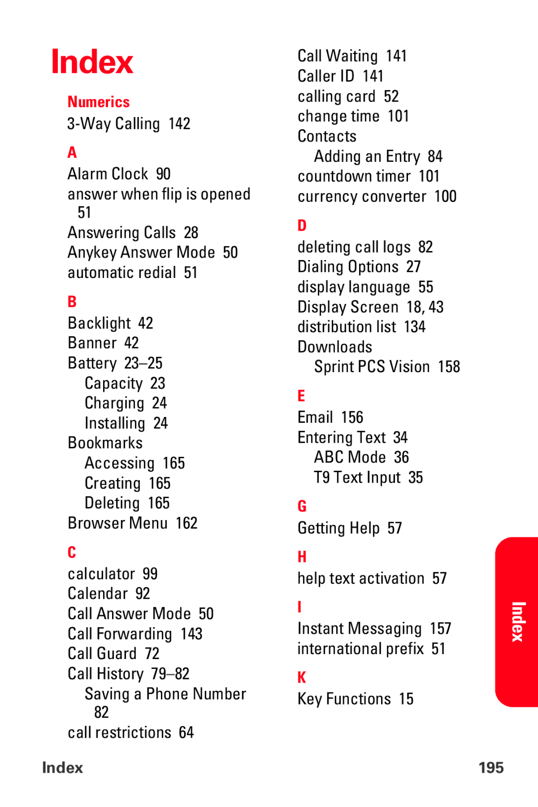 Sprint Nextel VI-3155I manual Index 