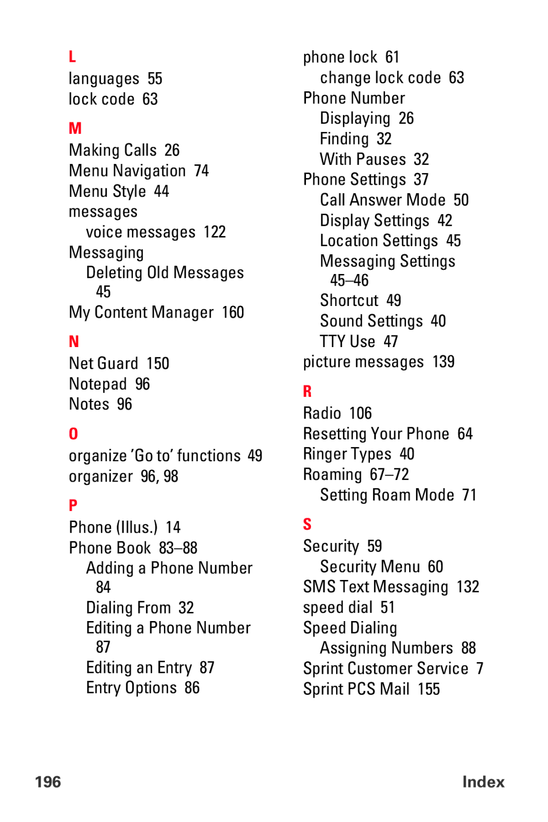 Sprint Nextel VI-3155I manual SMS Text Messaging 132 speed dial 