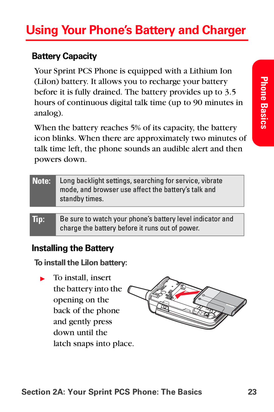 Sprint Nextel VI-3155I manual Using Your Phone’s Battery and Charger, Battery Capacity, Installing the Battery 