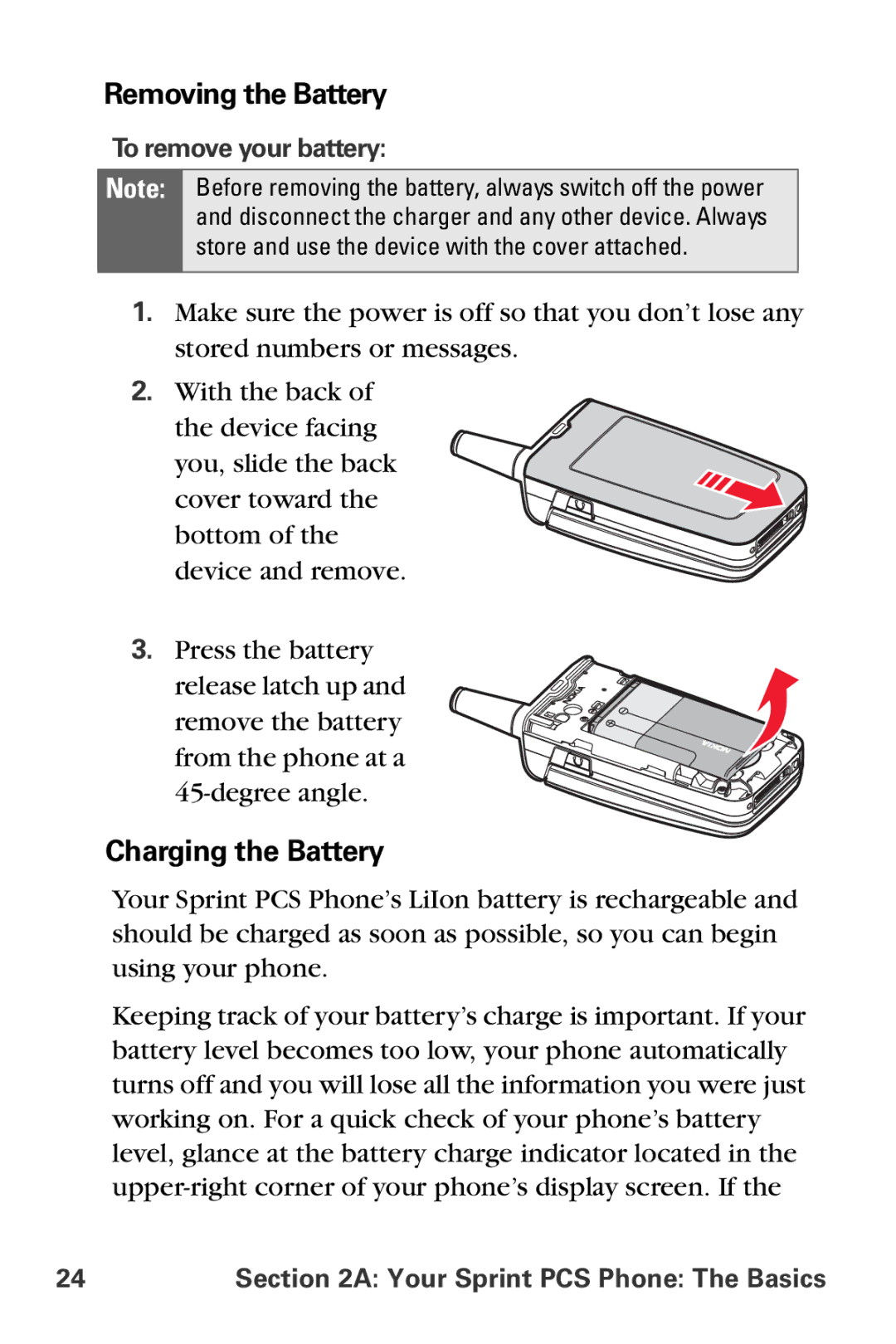 Sprint Nextel VI-3155I manual Removing the Battery, Charging the Battery 