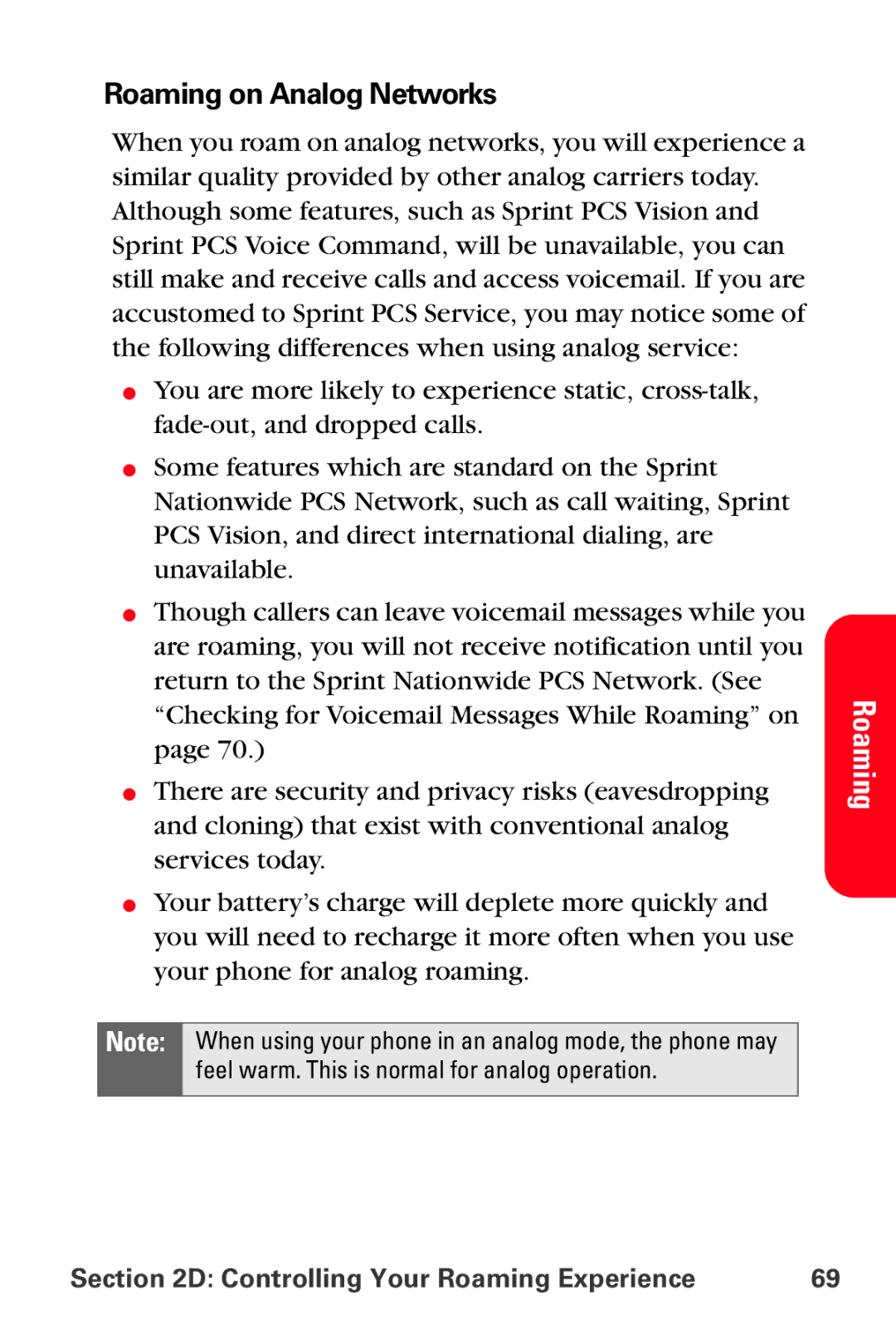 Sprint Nextel VI-3155I manual Roaming on Analog Networks 