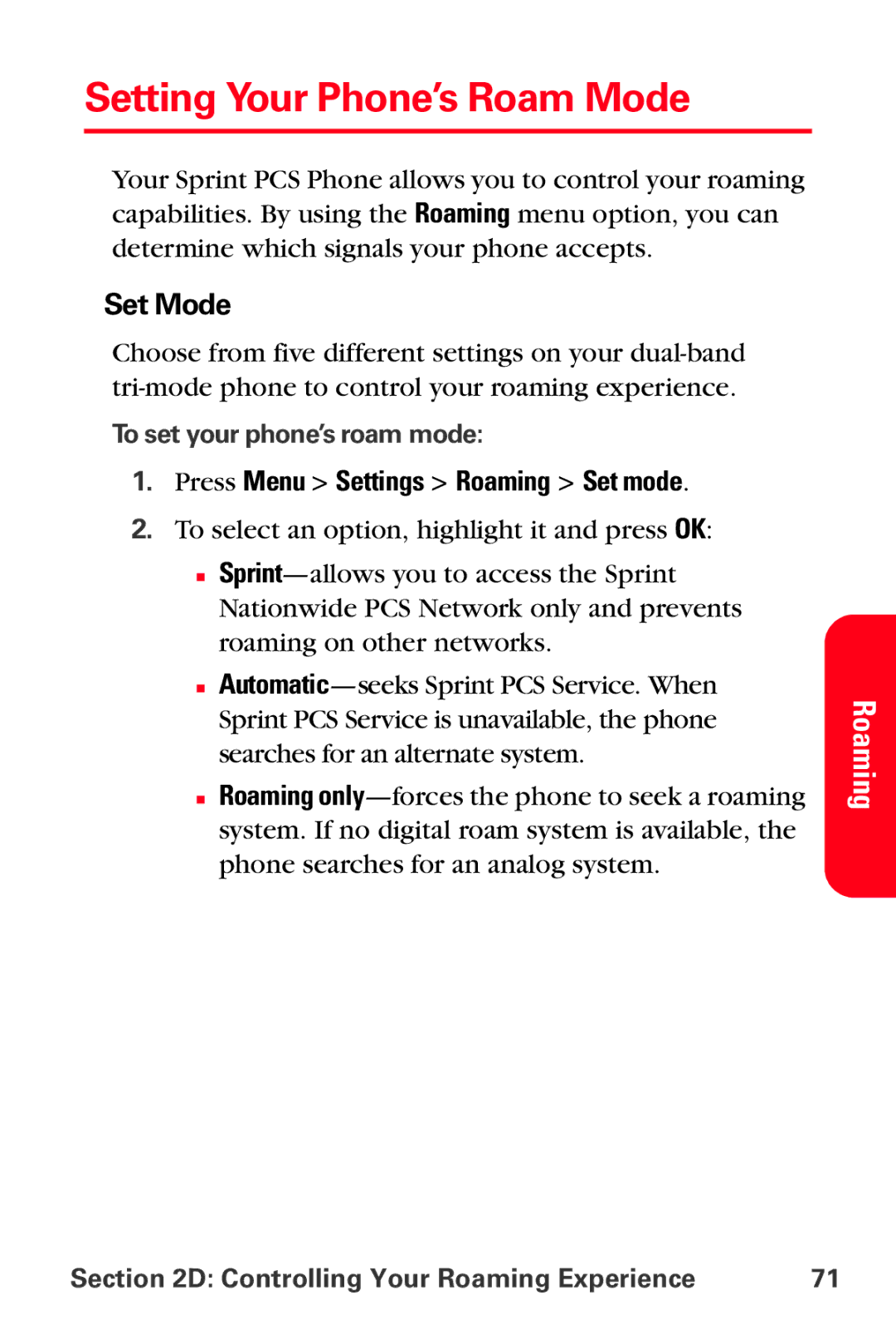 Sprint Nextel VI-3155I manual Setting Your Phone’s Roam Mode, Set Mode, Press Menu Settings Roaming Set mode 