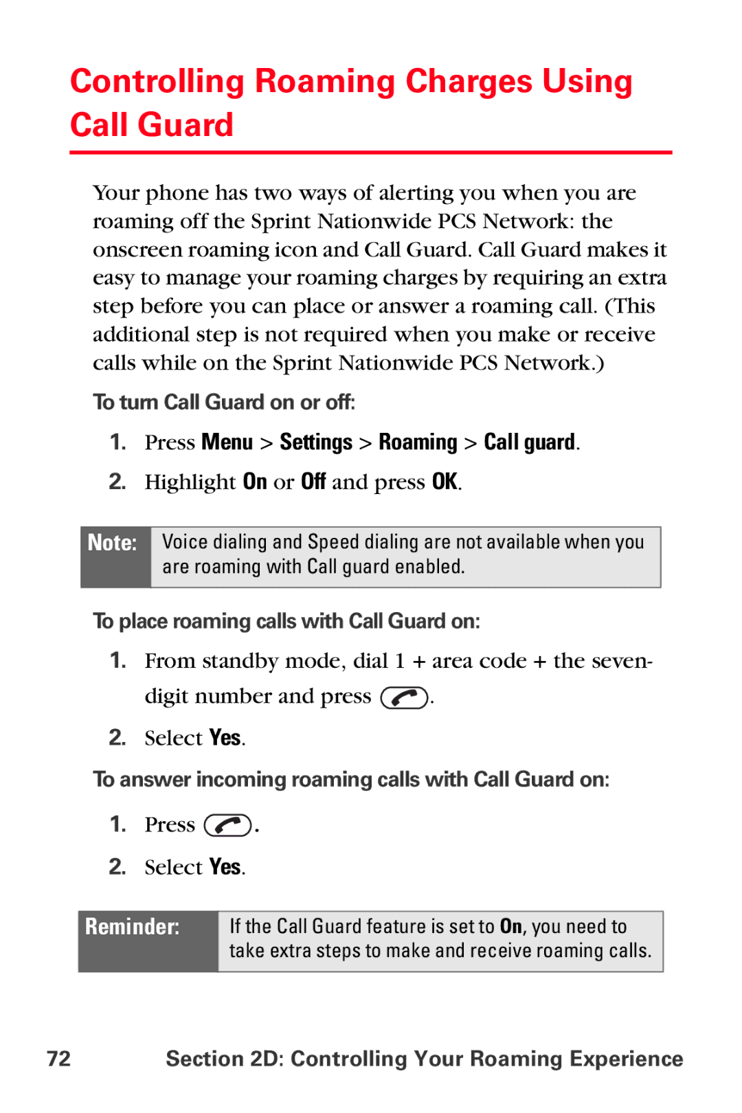 Sprint Nextel VI-3155I manual Controlling Roaming Charges Using Call Guard, Press Menu Settings Roaming Call guard 