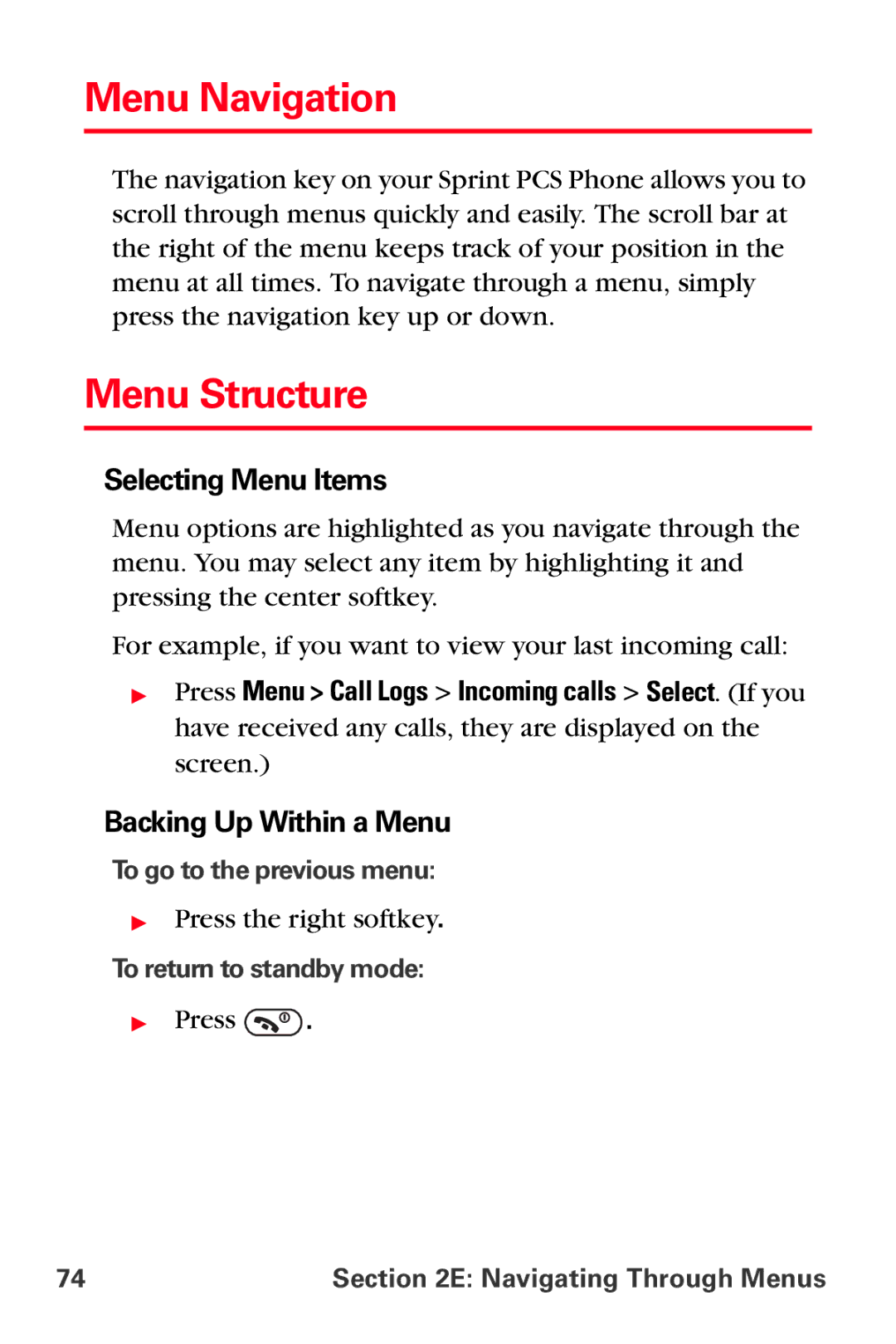Sprint Nextel VI-3155I manual Menu Navigation, Menu Structure, Selecting Menu Items, Backing Up Within a Menu 
