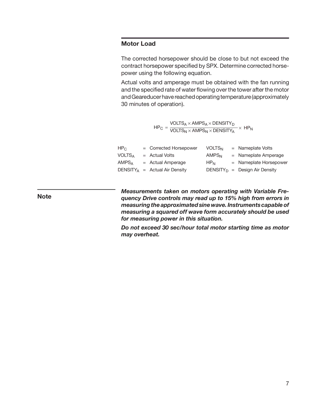 SPX Cooling Technologies 03-11A user manual Motor Load 