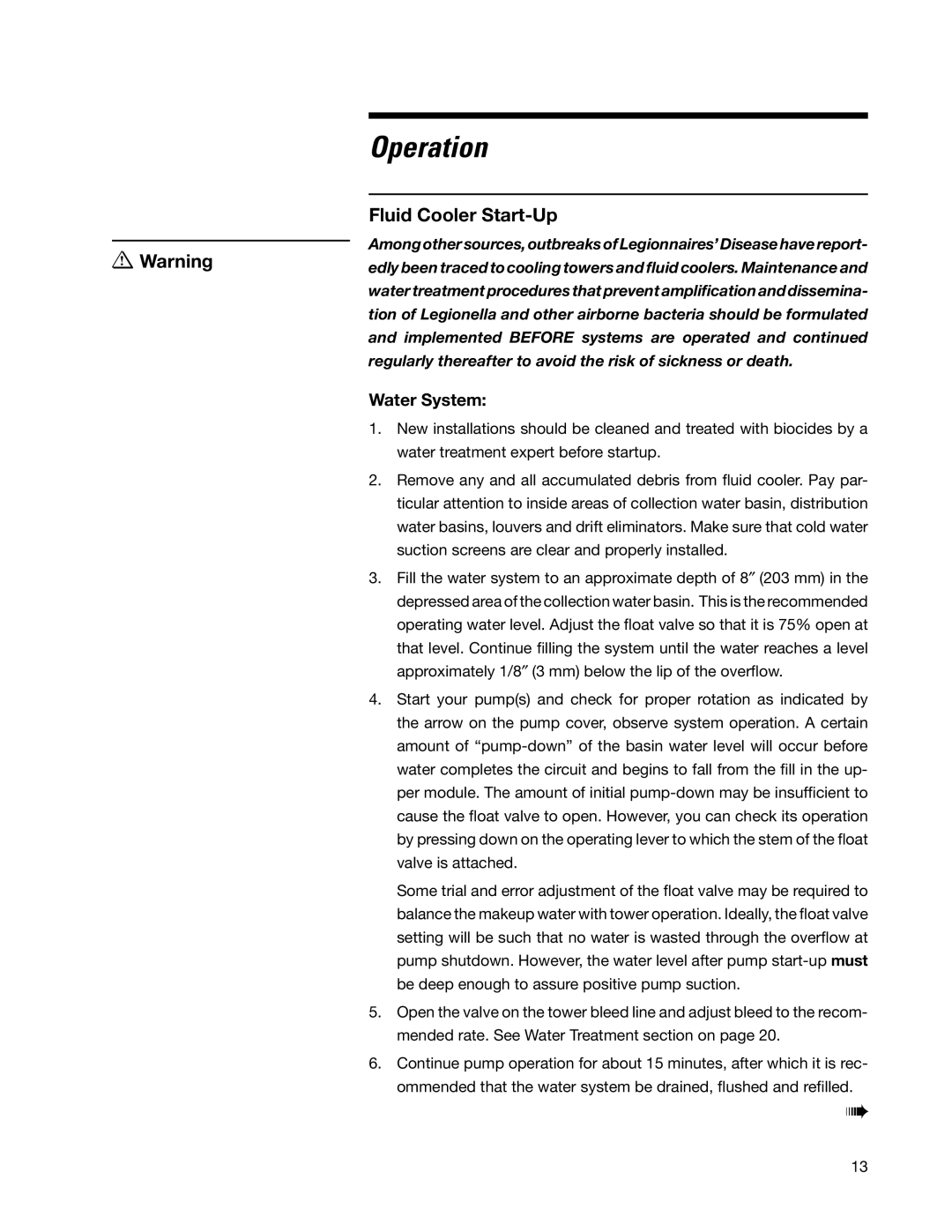 SPX Cooling Technologies 05-116E user manual Operation, Fluid Cooler Start-Up, Water System 