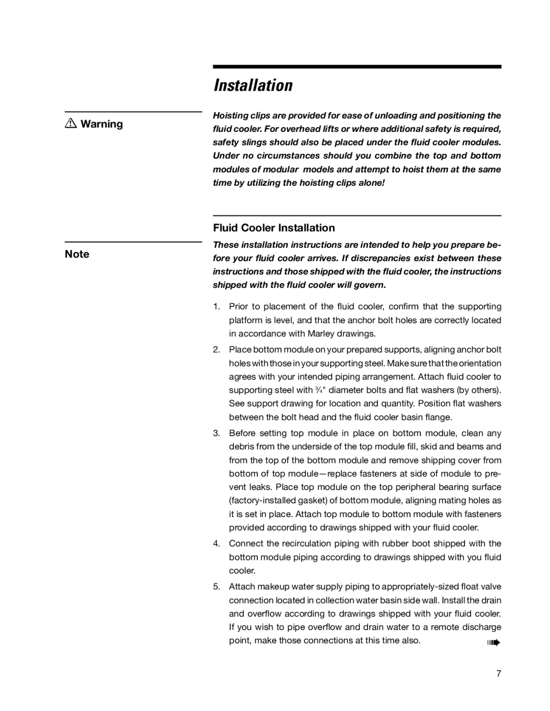 SPX Cooling Technologies 05-116E user manual Fluid Cooler Installation 