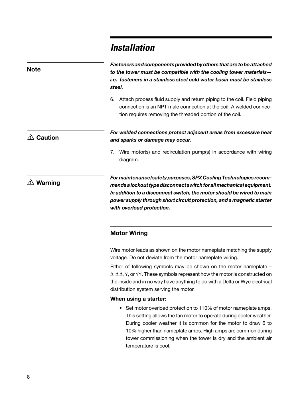 SPX Cooling Technologies 05-116E user manual Motor Wiring, When using a starter 