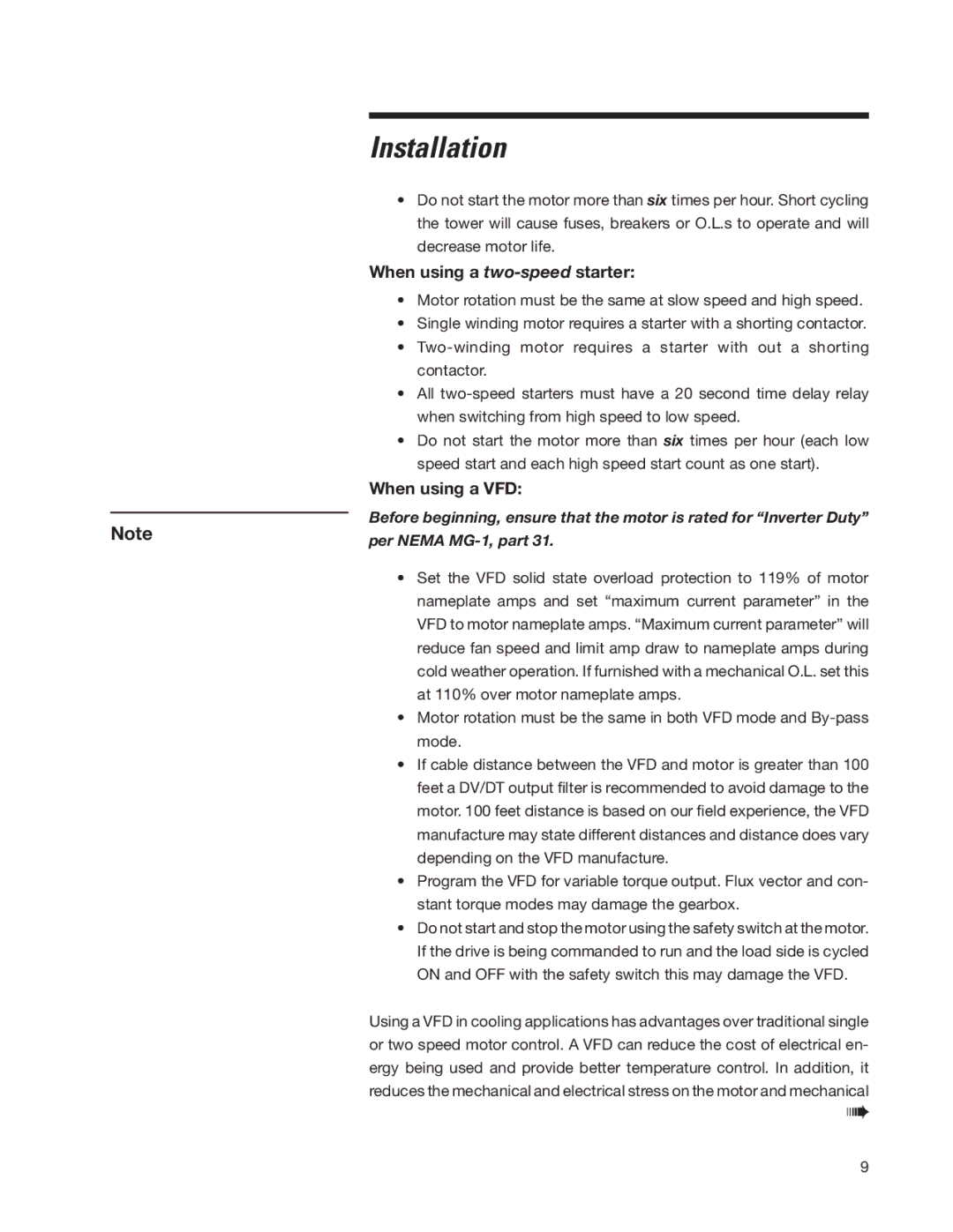 SPX Cooling Technologies 05-116E user manual When using a two-speedstarter, When using a VFD 