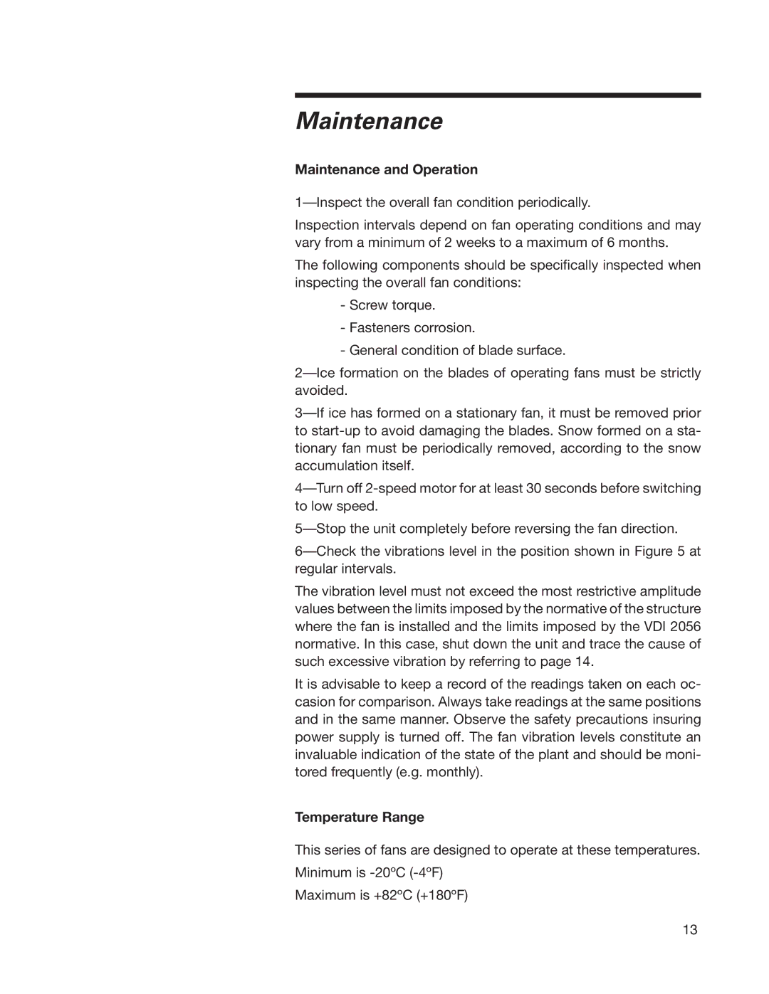 SPX Cooling Technologies 07-1126 user manual Maintenance and Operation, Temperature Range 