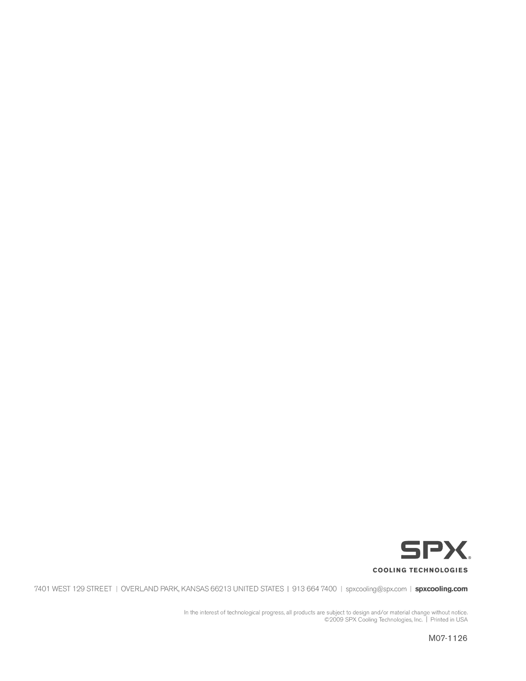 SPX Cooling Technologies user manual M07-1126 