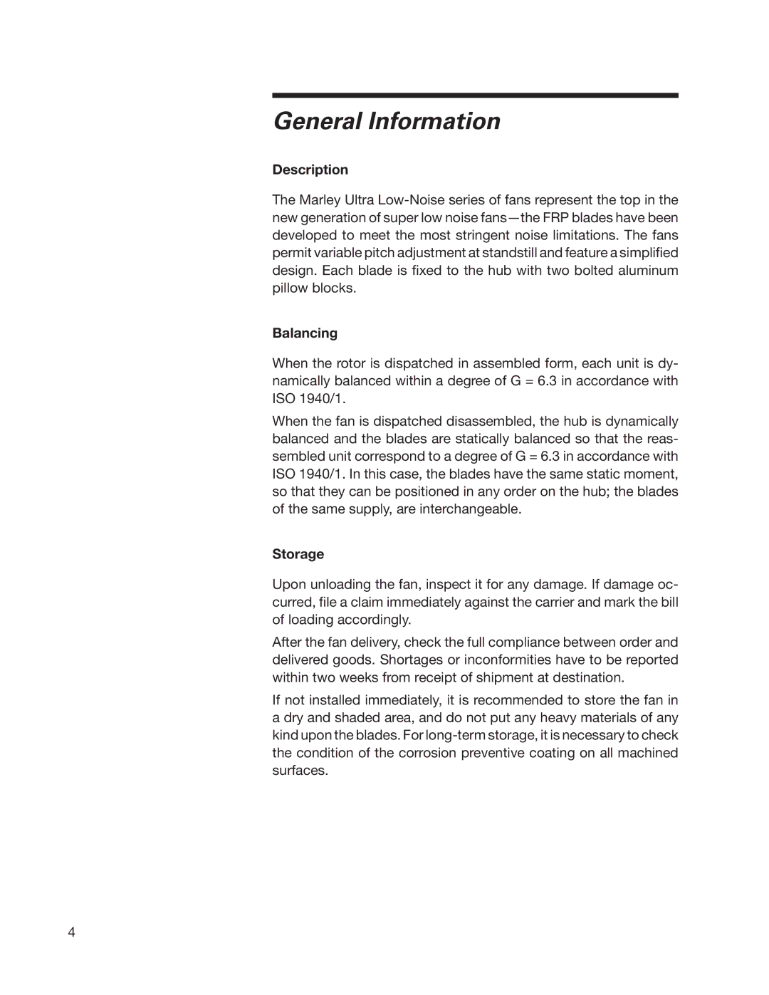 SPX Cooling Technologies 07-1126 user manual General Information, Description, Balancing, Storage 