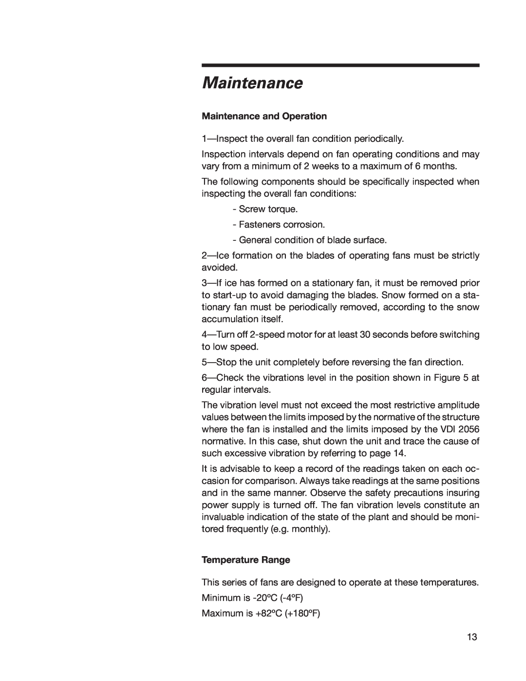 SPX Cooling Technologies 07-1126 user manual Maintenance and Operation, Temperature Range 