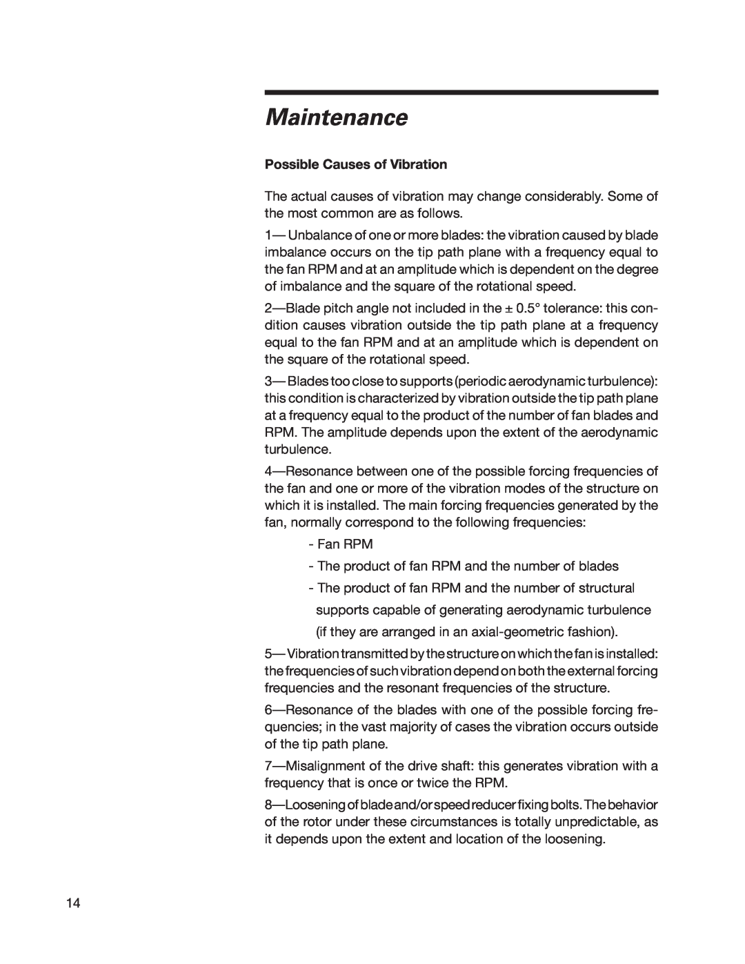 SPX Cooling Technologies 07-1126 user manual Possible Causes of Vibration, Maintenance 