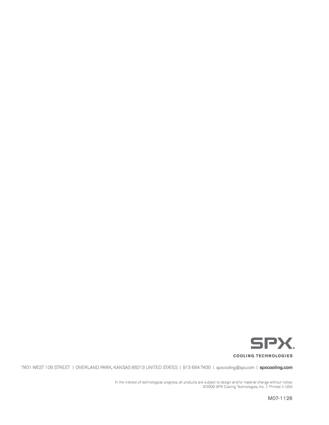 SPX Cooling Technologies user manual M07-1126 