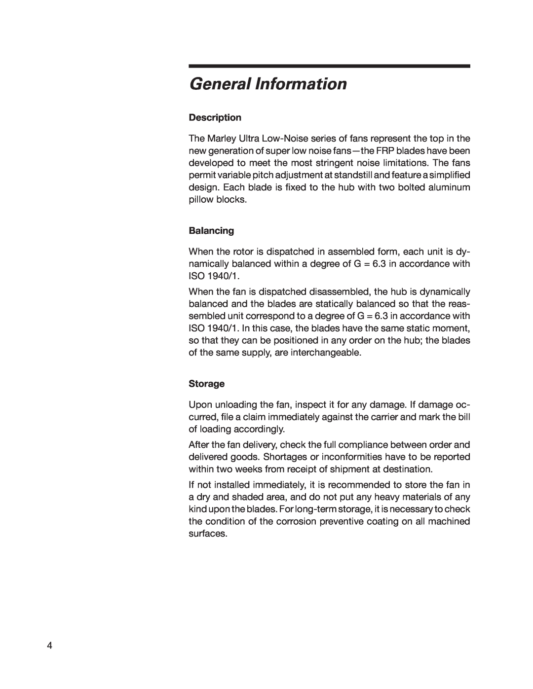 SPX Cooling Technologies 07-1126 user manual General Information, Description, Balancing, Storage 
