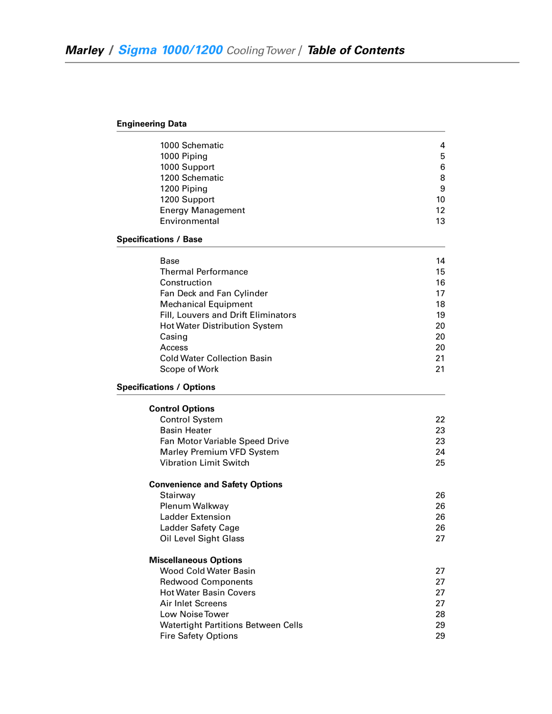 SPX Cooling Technologies specifications Marley / Sigma 1000/1200 CoolingTower / Table of Contents 