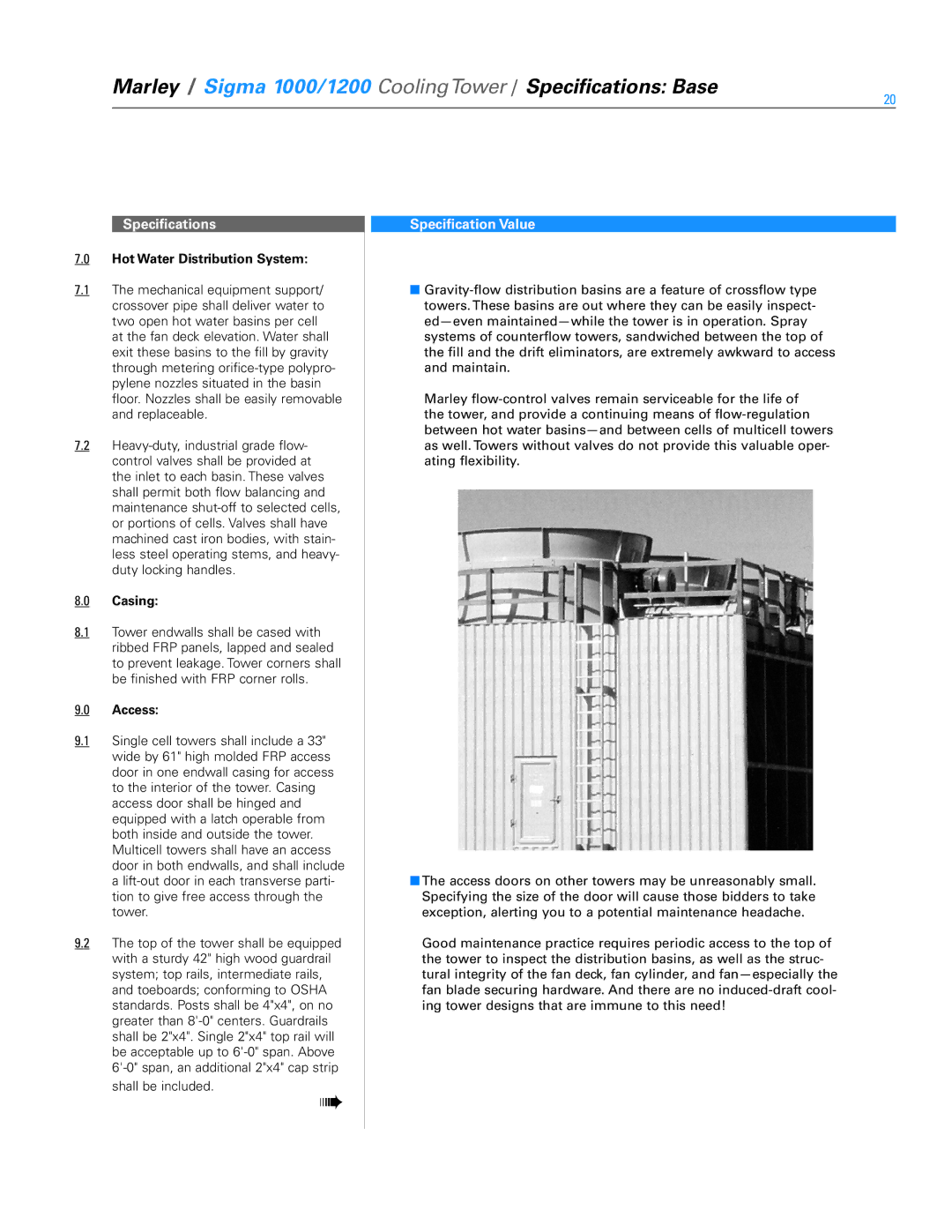 SPX Cooling Technologies 1200, 1000 specifications Hot Water Distribution System, Casing, Access 