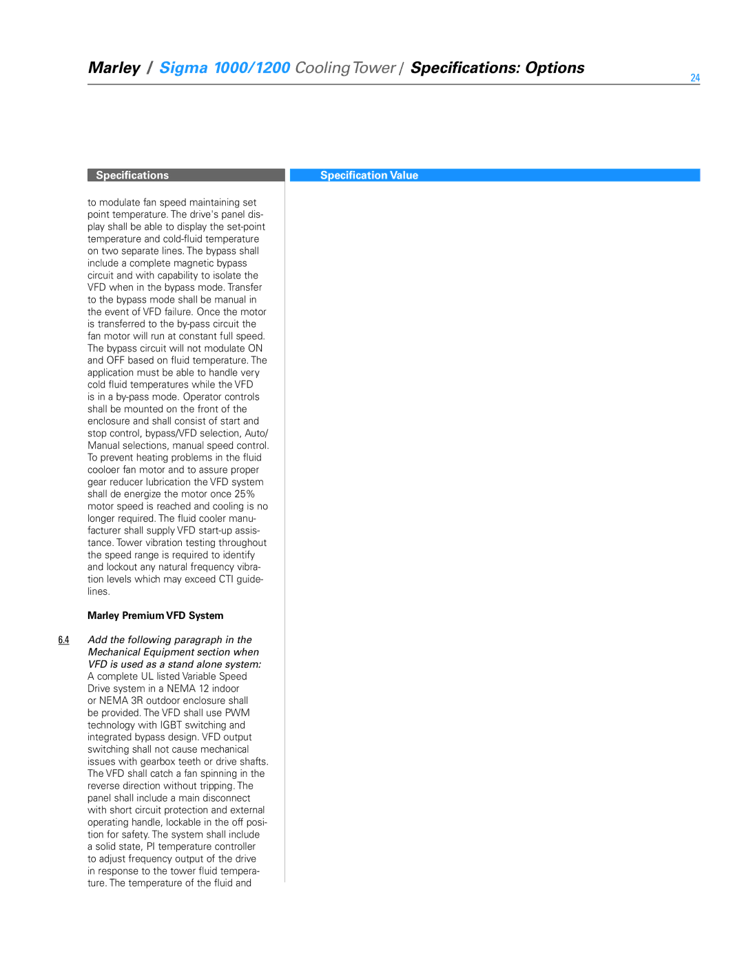 SPX Cooling Technologies 1200, 1000 specifications Marley Premium VFD System 