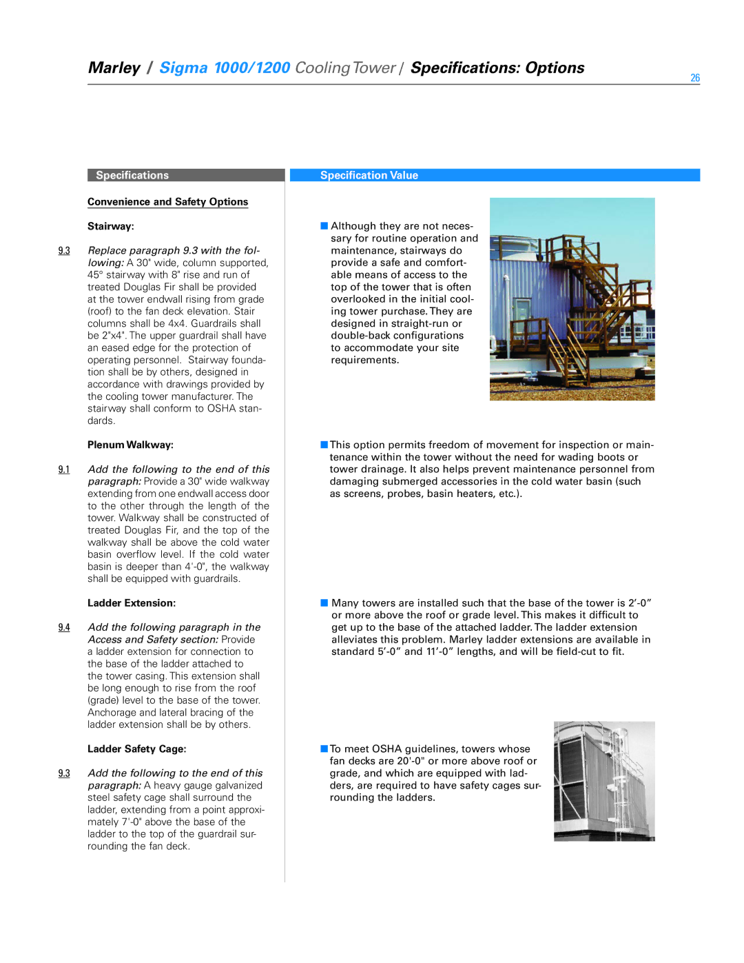 SPX Cooling Technologies 1200, 1000 specifications Convenience and Safety Options Stairway, Plenum Walkway, Ladder Extension 