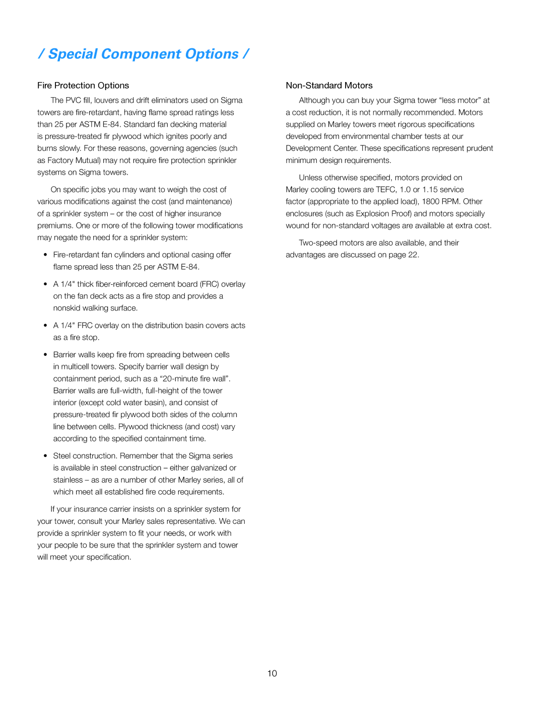 SPX Cooling Technologies 1200, 1000 manual Special Component Options, Fire Protection Options, Non-Standard Motors 